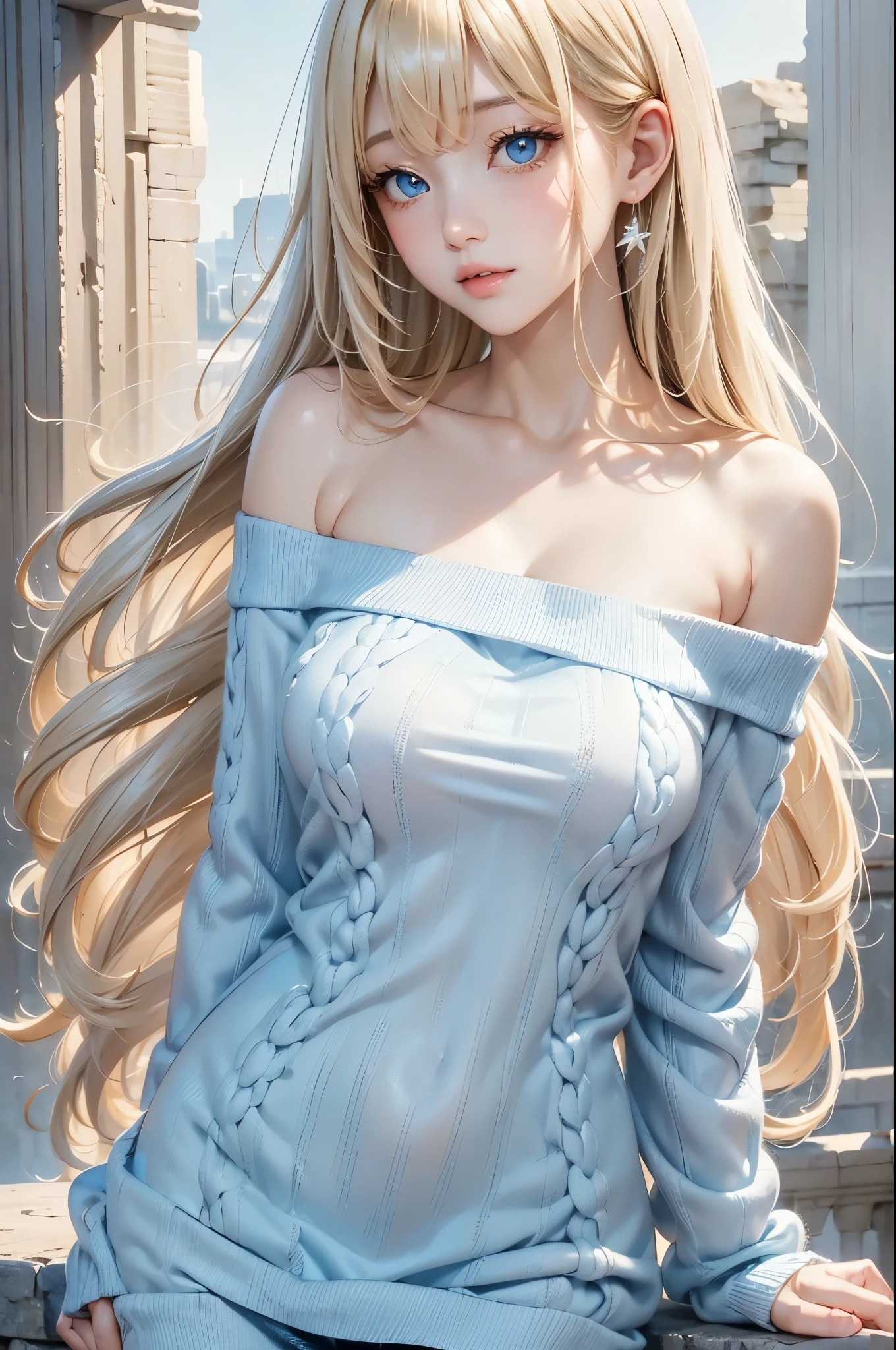 Beautiful white and shining skin、Blonde hair changes color depending on how the light hits it.、Long bangs obstruct the view、Highlights of cheek luster、Sexy, very beautiful, adorable, cute, gorgeous face、The most beautiful face in the world、Super long and gorgeous blonde hair、Smooth straight hair、big, light blue eyes shimmering、Beautiful Bangs、Beautiful and cute *********** girl、medium breasts, from side, Off-the-shoulder knit sweater、background:GB, ruins
