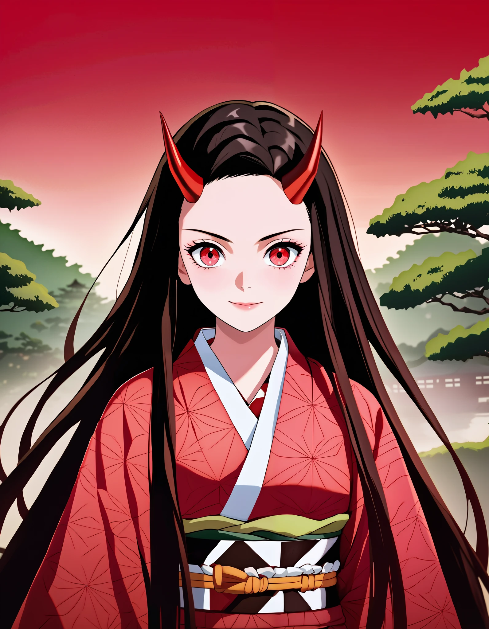 score_9, score_8_up, score_7_up, (Demon Slayer, Kimetsu no yaiba style), (nezuko kamado), (1girl, solo), 20years old, upper body, (black long hair, smooth straight hair, asymmetrical parting hair:1.1), forehead, red eyes, (red demon horns:1.4), kimono, smile, (front view, looking at viewer), (standing in the Japanese style garden, scenery)