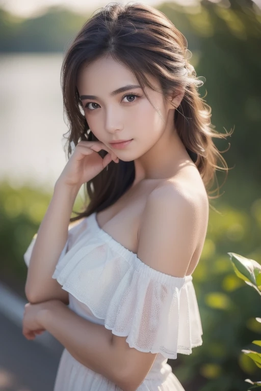 Slow deep-processes Quality Images focused, Follow ai Top 5-stars rating 97-99:Score-Criteria, seduction sexy Model body posture, persuasive sweetness shy,
1st priority breasts(D40)-Shape-components-structure-focused, Elegant impression on the chests nipples, Evidence of sexy features, natural young breast-D40 drop-shape, nice big areola shadow, breasts clear shape ,
2nd priority extreme-thinning-epidermis transparent clothing,
3rd priority face-components,
4th priority resources on Eye-iris-pupil,
Low priorities and low qualities on others objects,
D40-24-35 firmed body, height-175cm weight-58kg,
Long Hair Hazel Gold light-brown, rich Body Quality, 1girl, Solo,
bright round wide big eye x1.08, detailed eye, high quality moist eye, large clear pupil , Light-turquoise-blue-lighting high definition eyes, big-light-glowing-eye,
Body arouse blush tighten, face blush, anglic glow skin, high Dopamine hypersexuality,
pure bright-color-white dress - epidermis see-through fabric - transparent, young 16 year old, no face wrinkle , natural balanced tight v-face , ulthera sharp shape face, thin asean lip, happy-shy-smile,
Sky Cloud Background, Forest-yellow-Orange-autumn, wide perspective, angel glow fairy atmosphere, late afternoon sun light 45 degree, strong Sidelighting , dry windy,
bokeh swirl background, look at camera, front face focused, Looking stare to viewer, half body down to hip image,Depth Of Field,,