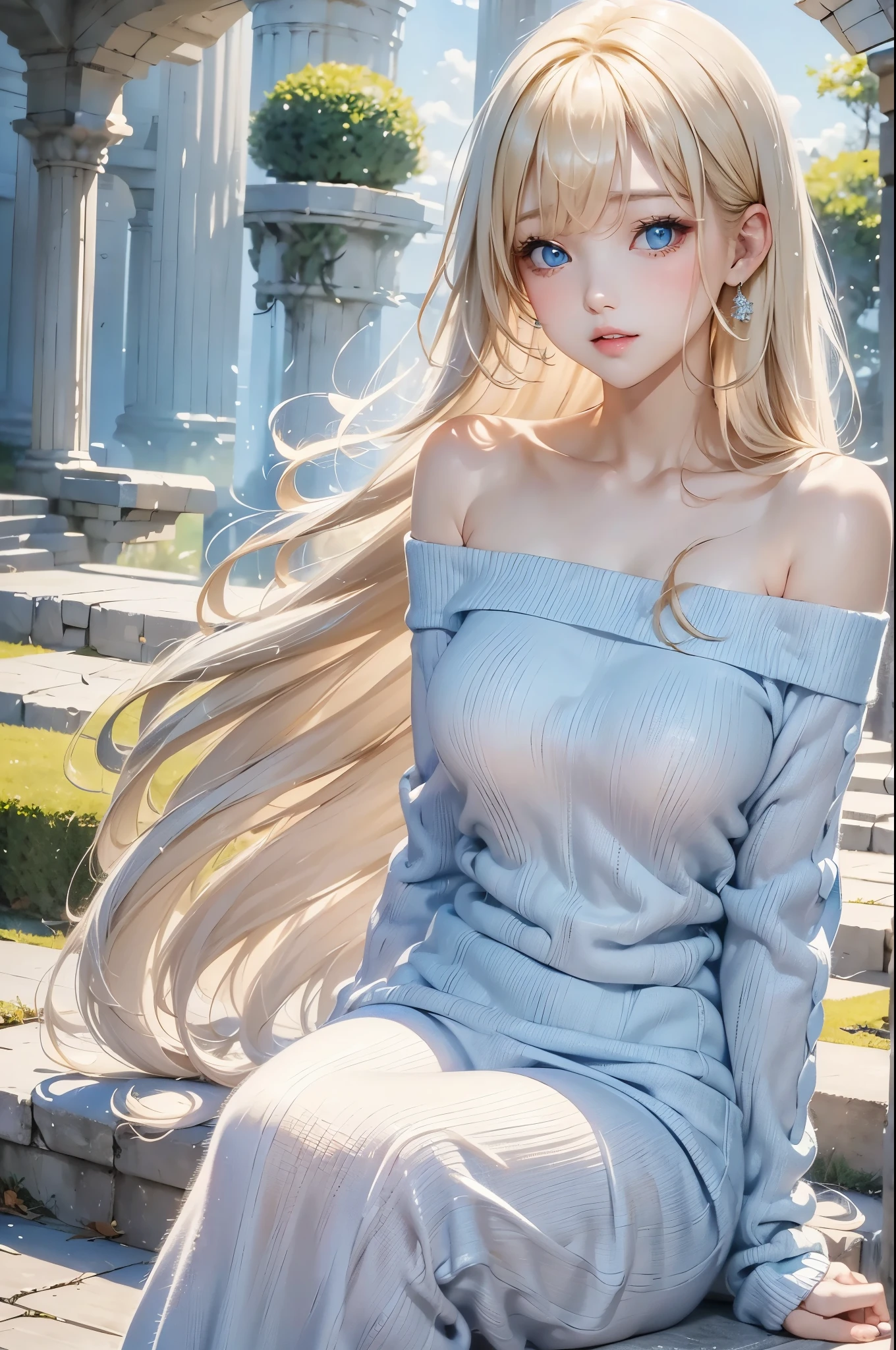 Beautiful white and shining skin、Blonde hair changes color depending on how the light hits it.、Long bangs obstruct the view、Highlights of cheek luster、Sexy, very beautiful, adorable, cute, gorgeous face、The most beautiful face in the world、Super long and gorgeous blonde hair、Smooth straight hair、big, light blue eyes shimmering、Beautiful Bangs、Beautiful and cute *********** girl、medium breasts, from side, Off-the-shoulder knit sweater、background:GB, ruins
