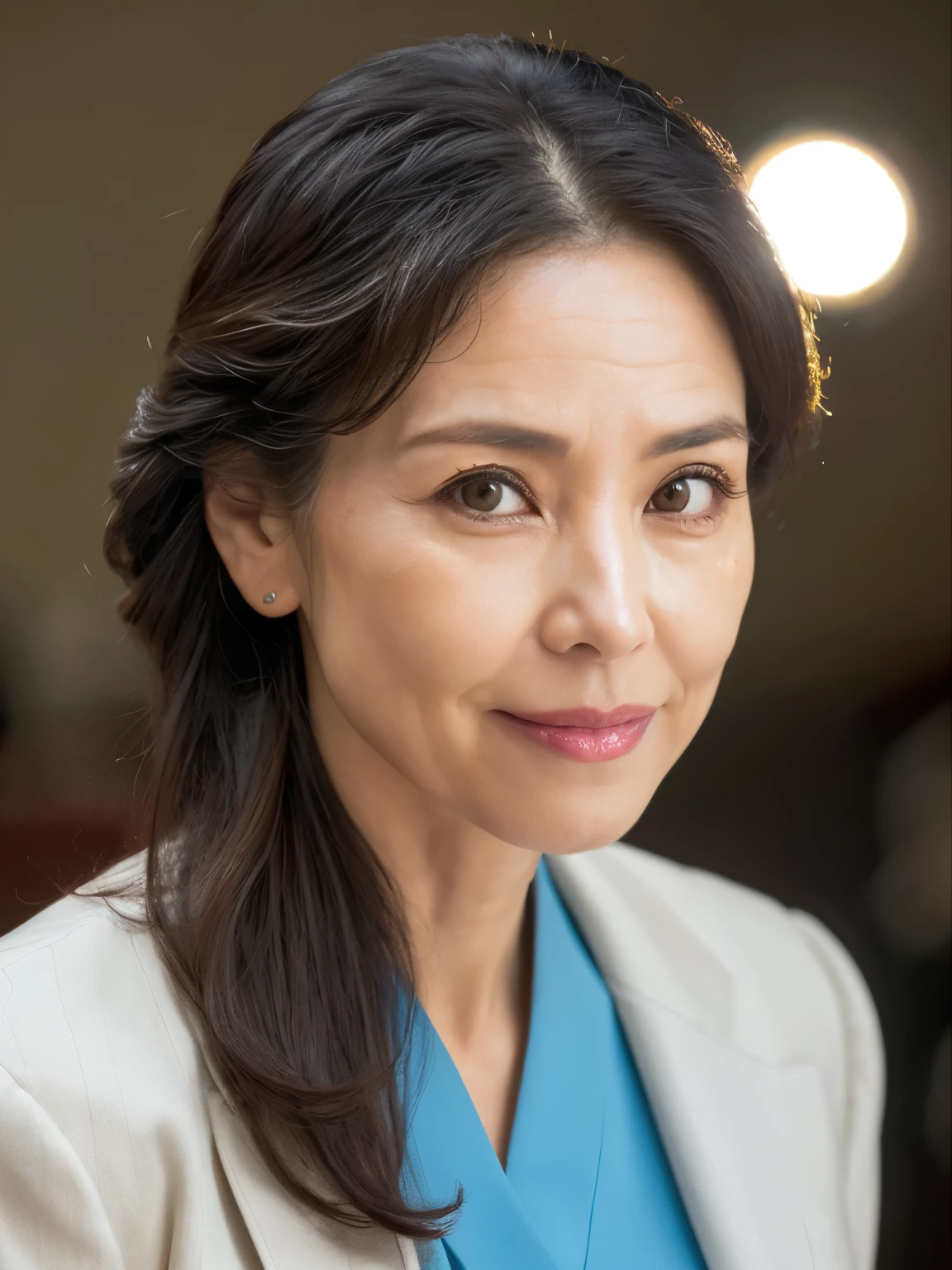 ((Top Quality)), ((8K)), ((Masterpiece: 1.3)), (Perfect Appearance), (Photorealism: 1.6), Japanese woman, (52 years old), married woman, ((Realistic skin texture 1.8)), (Fine wrinkles throughout the skin: 1.3), (Dull skin: 1.1), (Skin without moisture: 1.2) , (Wrinkles on the face: 0.9), (Wrinkles on the corners of the eyes: 1.2), Double eyelids, tear bags on the lower eyelids, (Crying moles: 0.9), The eyes are looking here, serious gaze, (Dimples: 1.2), has long hair tied up in a ponytail, put on a helmet,
