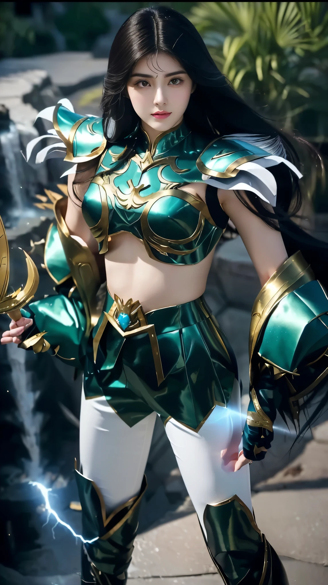 a close up of a woman in a white outfit posing for a picture, in the style of Saint Seiya Dragon Shiryu 🔥 😎 🕹️ 👀 :2, Saint Seiya Dragon Shiryu costume, maya ali as a lightning mage, maya ali as a d&d sorcerer, irelia from league of legends, character from Saint Seiya Dragon shiryu, maya ali as d&d mage, big chest, big breasts, chubby body, slightly plump sexy waist, thiny red lips, beautiful round eyes, weight 55kg.