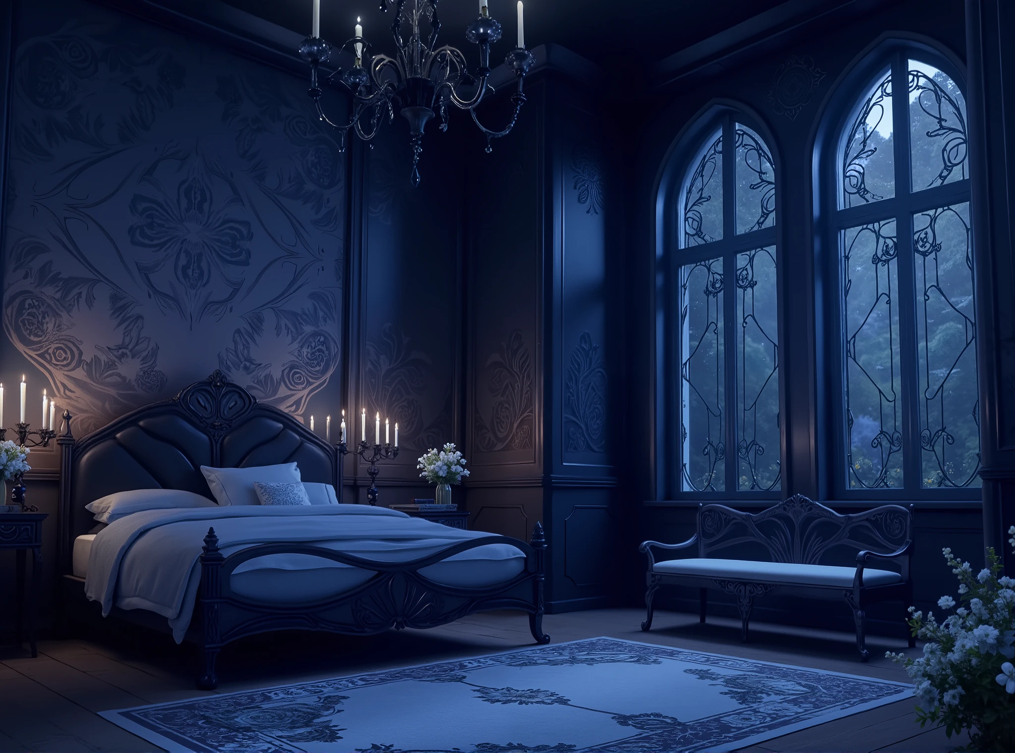 high definition, Accuracy, High detail, , aura dark-blue , Phantesis , without people, blue roses decorated walls , candles , porch, beautifully patterned bench , спальная с кроватью с узорами, красивый стол по середине с толстой книгой, черно-синяя