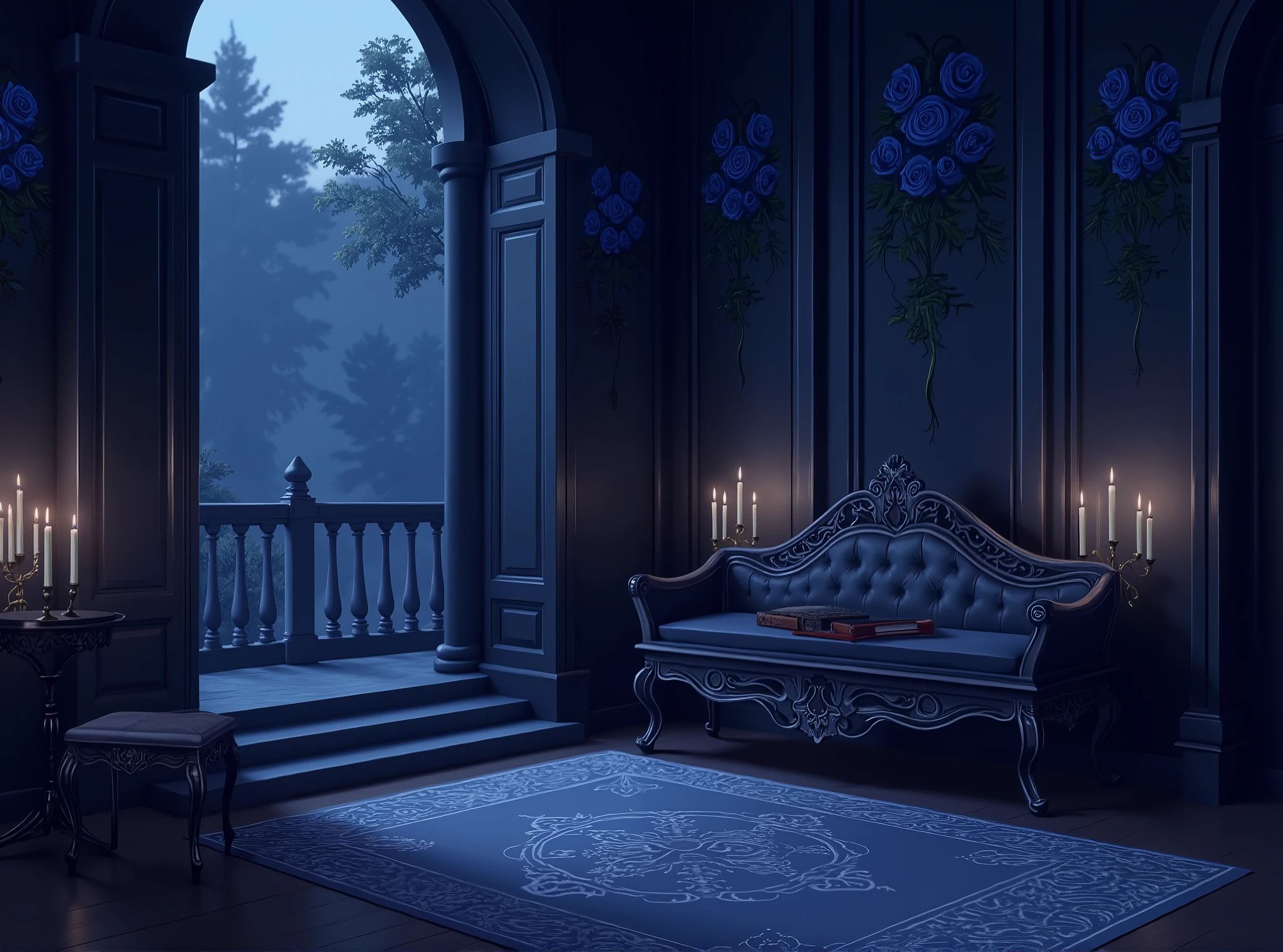 high definition, Accuracy, High detail, , aura dark-blue , Phantesis , without people, blue roses decorated walls , candles , porch, beautifully patterned bench , спальная с кроватью с узорами, красивый стол по середине с толстой книгой, черно-синяя