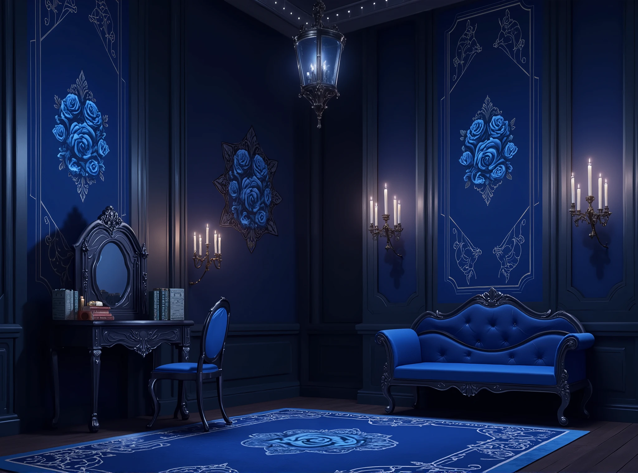 high definition, Accuracy, High detail, , aura dark-blue , Phantesis , without people, blue roses decorated walls , candles , porch, beautifully patterned bench , спальная с кроватью с узорами, красивый стол по середине с толстой книгой, черно-синяя