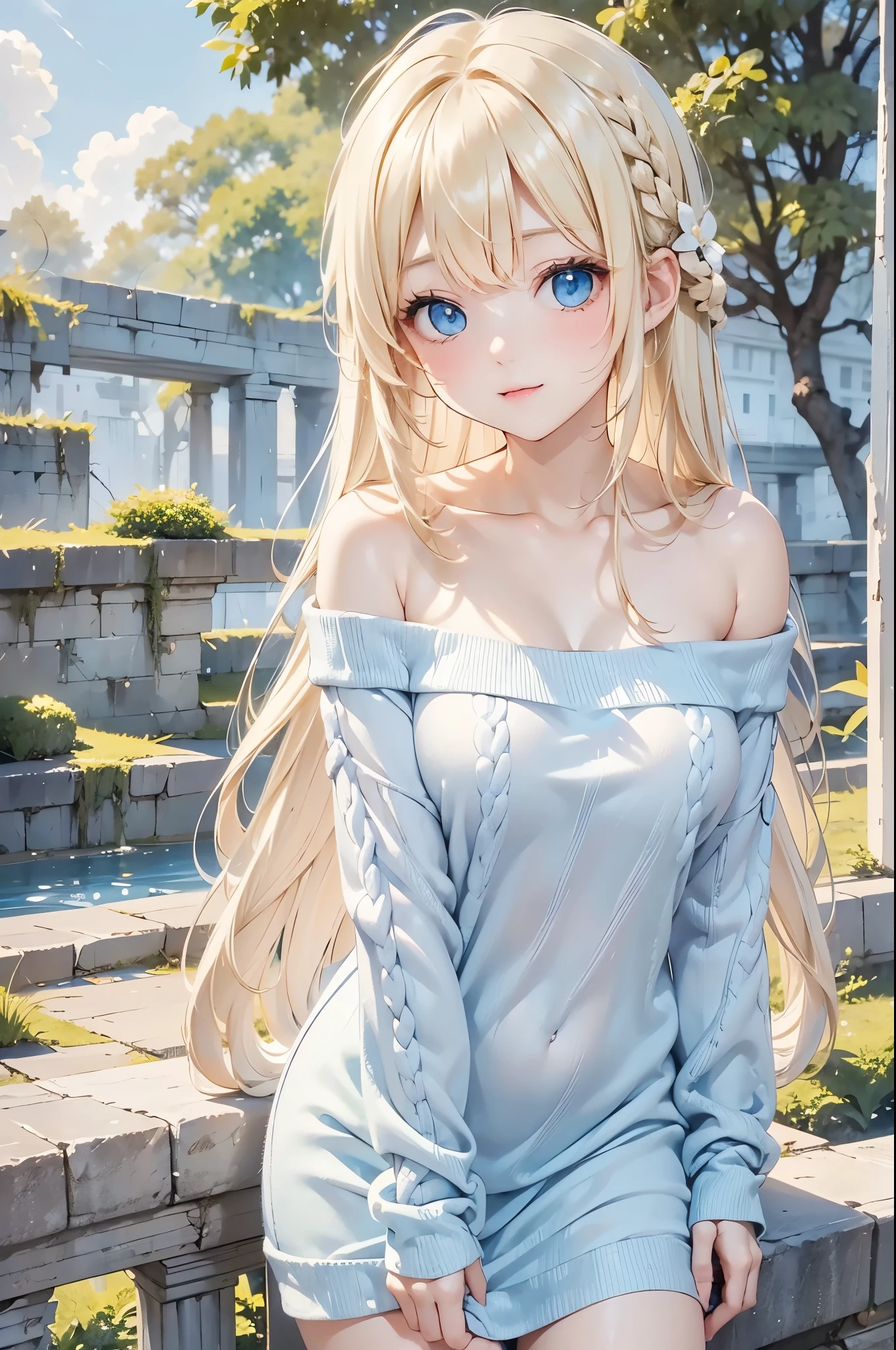 Beautiful white and shining skin、Blonde hair changes color depending on how the light hits it.、Long bangs obstruct the view、Highlights of cheek luster、Sexy, very beautiful, adorable, cute, gorgeous face、The most beautiful face in the world、Super long and gorgeous blonde hair、Smooth straight hair、big, light blue eyes shimmering、Beautiful Bangs、Beautiful and cute *********** girl、medium breasts, from side, Off-the-shoulder knit sweater、background:GB, ruins