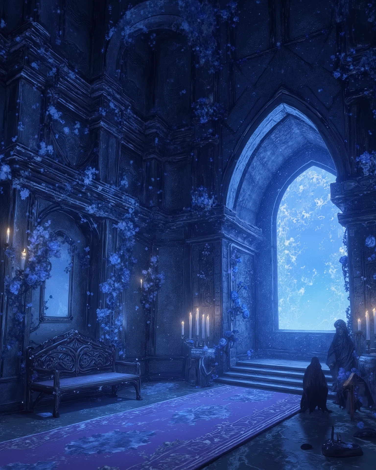 high definition, Accuracy, High detail, medieval castle corridors , aura light blue , Phantesis , without people, blue roses decorated walls , candles , porch, beautifully patterned bench ,