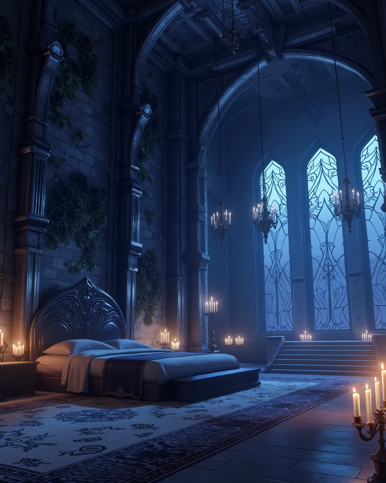 high definition, Accuracy, High detail, medieval castle спальня , aura dark blue , fantasy bedroom , without people, roses black decorated walls, candles,