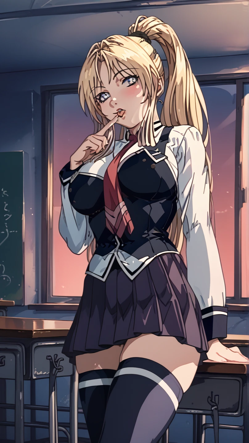1girl, solo, blonde hair, blue eyes, long hair, large breasts, solo, blush, lipstick, jewelry, earrings, Hot girl, baddie, mean girl, sensual, attractive, masterpiece, best quality, ((unbuttoned school uniform, cleavage, necklace, earrings, sexy body,
breasts)) , micro skirt, smiling, navel , exposed belly, exposed navel,(nsfw) not safe for work,school,
classroom , hold a gun,knot, holding pistol,navel piercing