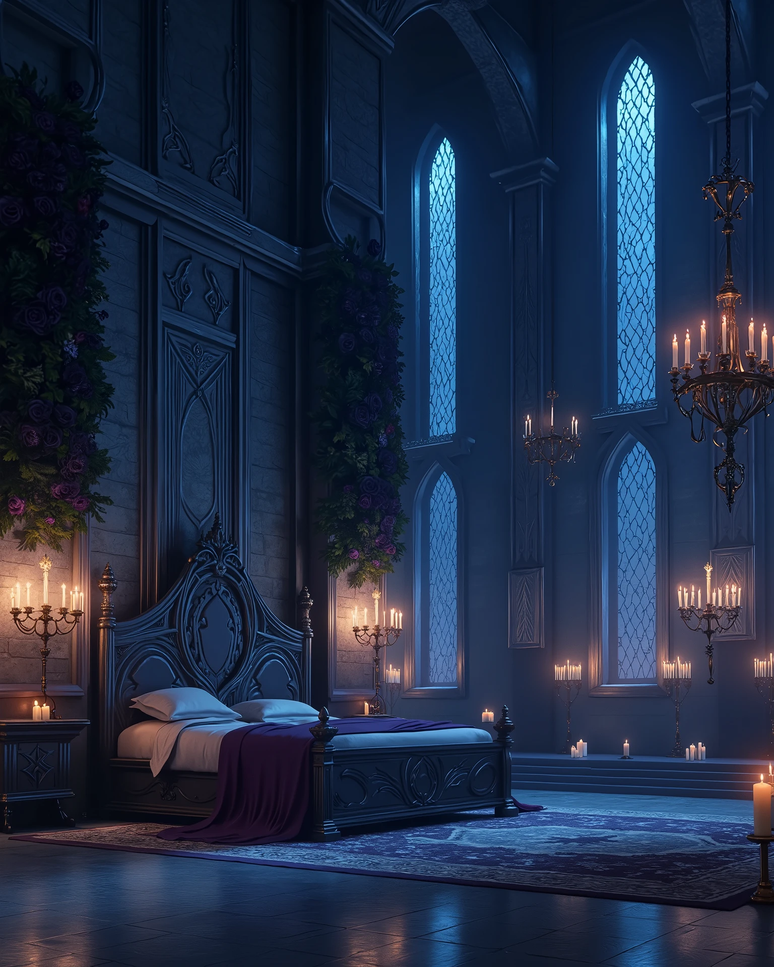 high definition, Accuracy, High detail, medieval castle спальня , aura dark blue , fantasy bedroom , without people, roses black decorated walls, candles,