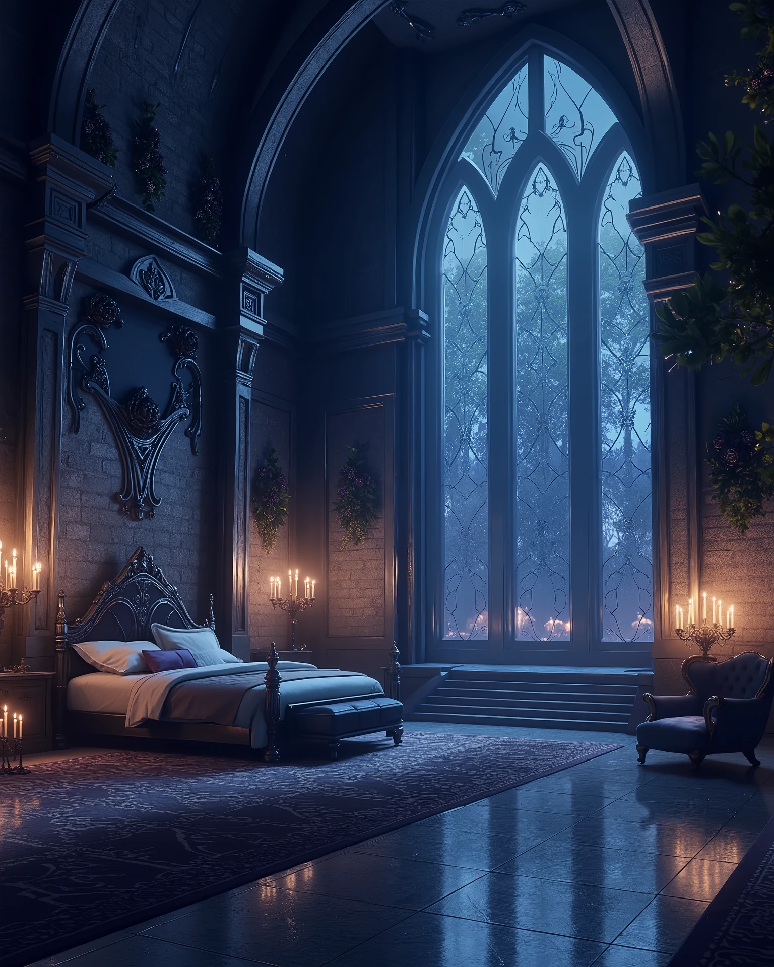 high definition, Accuracy, High detail, medieval castle спальня , aura dark blue , fantasy bedroom , without people, roses black decorated walls, candles,