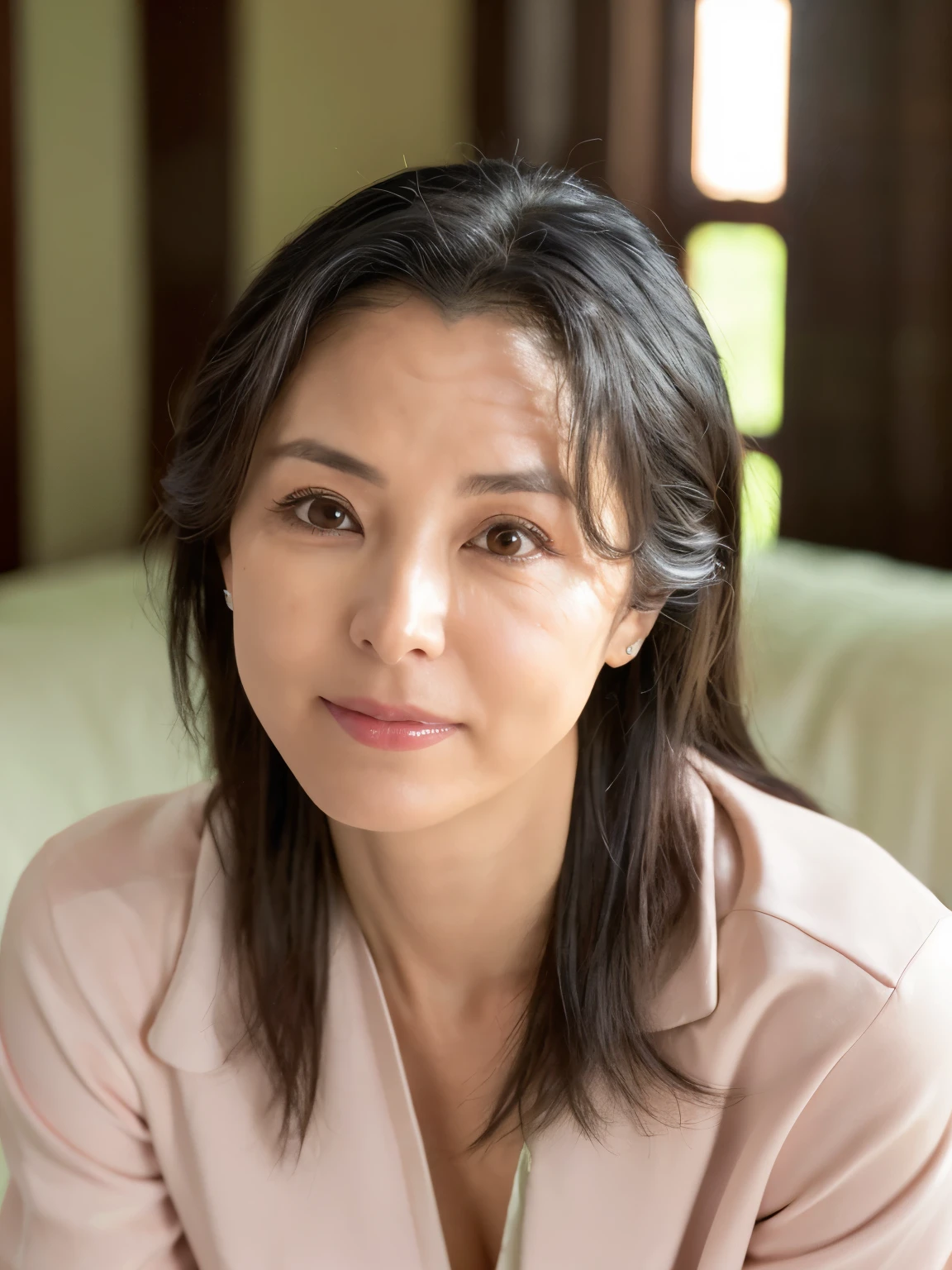 ((Top Quality)), ((8K)), ((Masterpiece: 1.3)), (Perfect Appearance), (Photorealism: 1.6), Japanese woman, (52 years old), married woman, ((Realistic skin texture 1.8)), (Fine wrinkles throughout the skin: 1.3), (Dull skin: 1.1), (Skin without moisture: 1.2) , (Wrinkles on the face: 0.9), (Wrinkles on the corners of the eyes: 1.2), Double eyelids, tear bags on the lower eyelids, (Crying moles: 0.9), The eyes are looking here, serious gaze, (Dimples: 1.2), has long hair tied up in a ponytail,