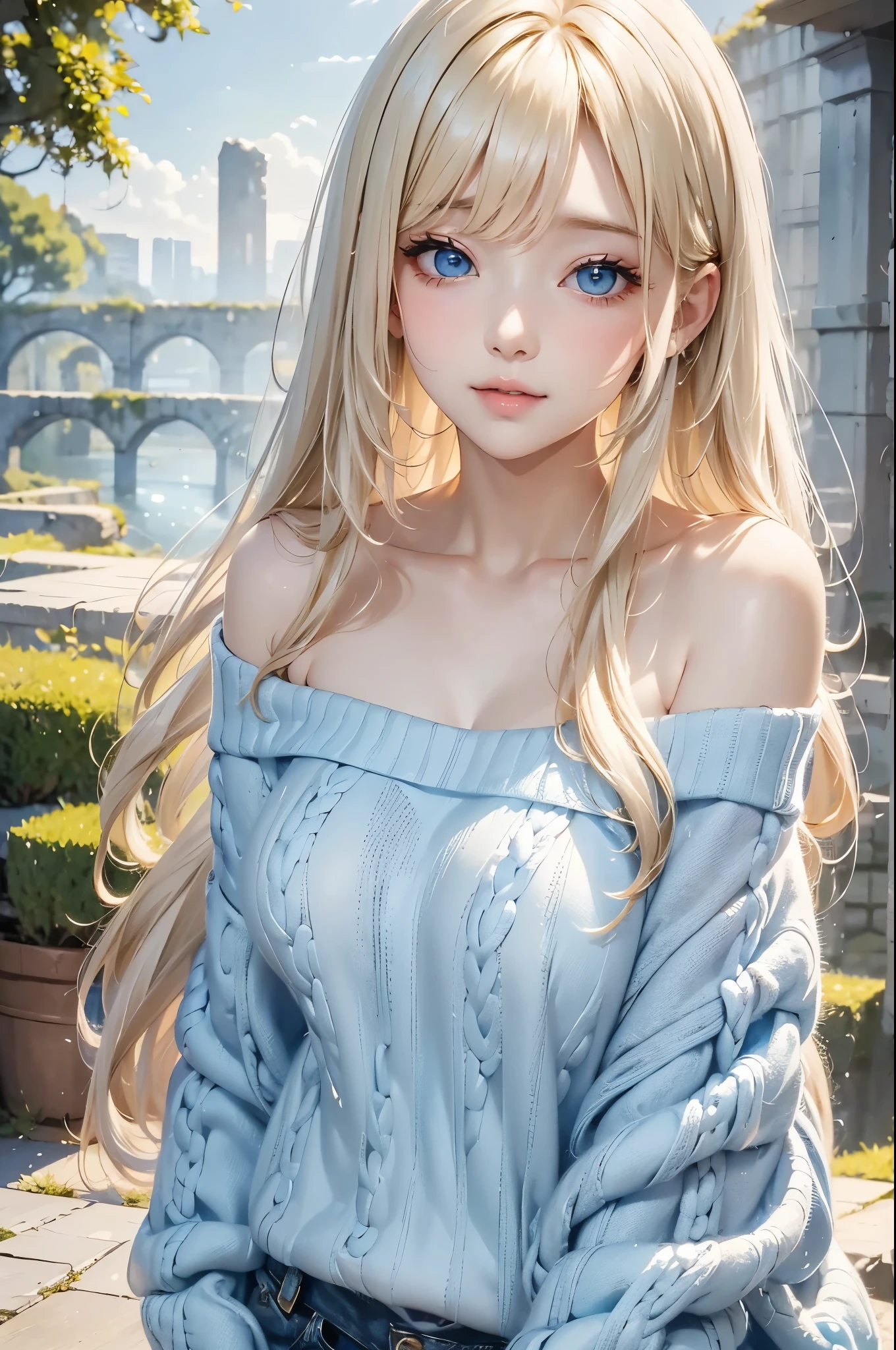 Beautiful white and shining skin、Blonde hair changes color depending on how the light hits it.、Long bangs obstruct the view、Highlights of cheek luster、Sexy, very beautiful, adorable, cute, gorgeous face、The most beautiful face in the world、Super long and gorgeous blonde hair、Smooth straight hair、big, light blue eyes shimmering、Beautiful Bangs、Beautiful and cute *********** girl、medium breasts, from side, Off-the-shoulder knit sweater、background:GB, ruins

