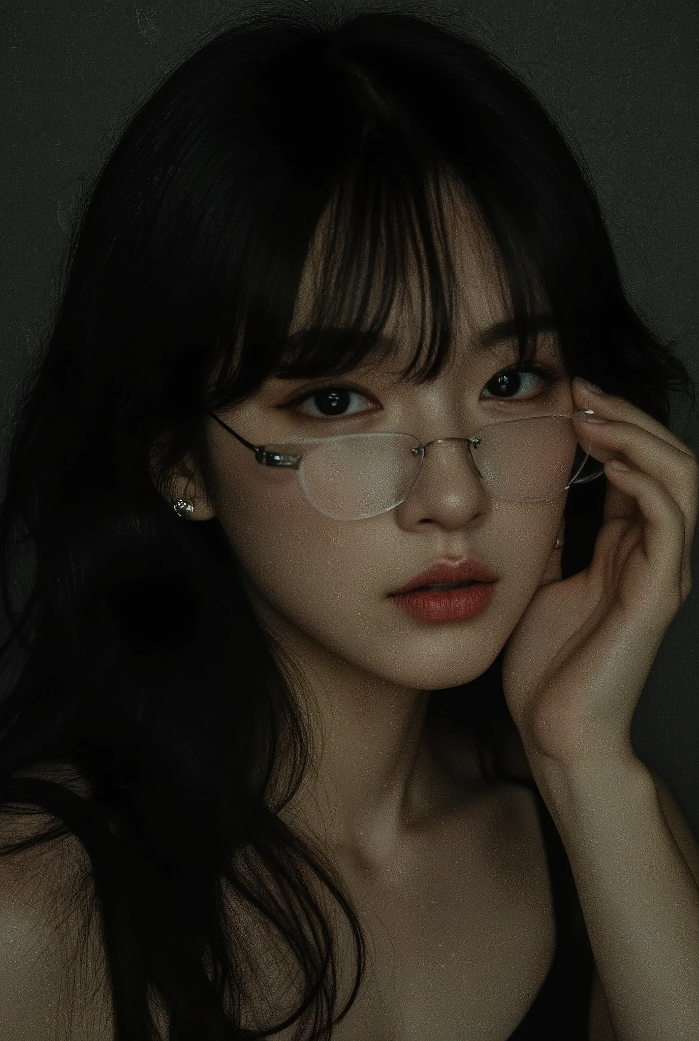  black hair, glass,  stud earrings,  vintage,  feminine, 8k, Masterpiece,  best quality , Excellent details) , (High saturation, Best Shadow, The best light, Very delicate bleaching)  Dark Style 
