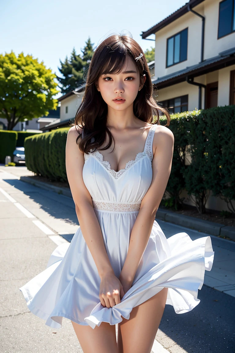 RAW Photos, Highest quality、Realistic, Photorealistic:1.5), Tabletop, Very delicate and beautiful, Soft Light, (Brown Hair, Straight shoulder-length hair fluttering in the wind), Beautiful detailed girl, (Detailed fingers), Highly detailed eyes and face, Beautifully detailed nose, Beautiful attention to detail, 1 person, Japanese, Pure beauty, cute, young, Dress shirt, pants, (Half Body:1.3), (Big breasts), Realistic face, Realistic body,