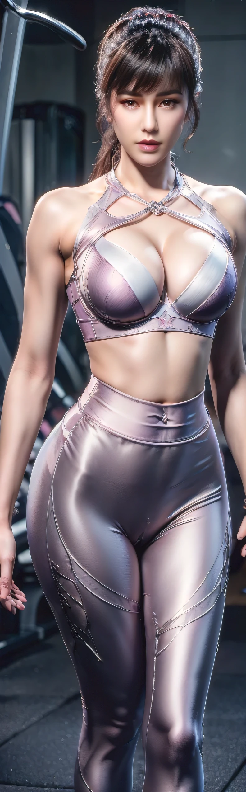 ((masterpiece, photorealistic, highest quality, ultra detailed, ultra high res, 16K)), goyounjung DLDLxiaowu AgainXiaowu, actress, korean, nail polish, (((super gigantic saggy breasts))), cleavage, plump, curvy, navel, midriff, (cameltoe), ((sports bra)), ((tight fitting low rise leggings)), pendant, exercising, sweaty, sexy, grin, ((background of fitness gym in korea)), (highly detailed realistic body, highly detailed beautiful face, realistic body, realistic face, stunning visuals, perfect anatomy, intricate detail)