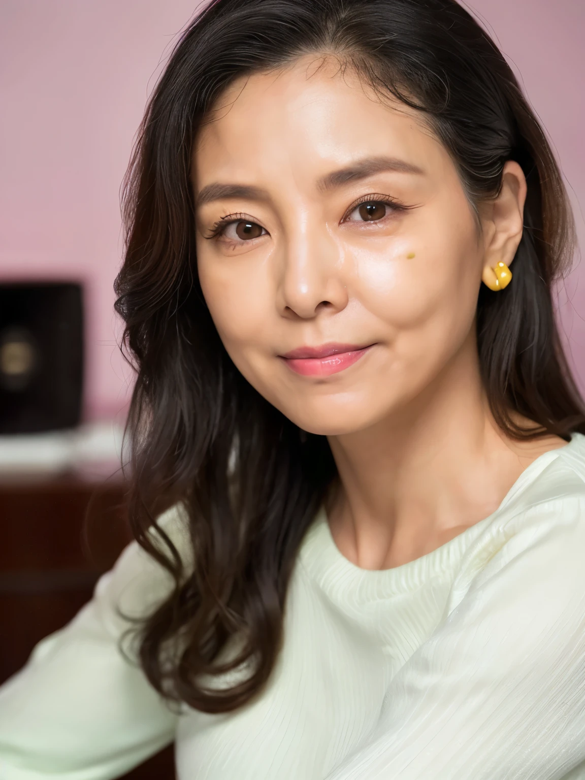 ((Top Quality)), ((8K)), ((Masterpiece: 1.3)), (Perfect Appearance), (Photorealism: 1.6), East Asian woman, (52 years old), married woman, ((Realistic skin texture 1.8)), (Fine wrinkles throughout the skin: 1.3), (Dull skin: 1.1), (Skin without moisture: 1.2) , (Wrinkles on the face: 0.9), (Wrinkles on the corners of the eyes: 1.2), Double eyelids, tear bags on the lower eyelids, (Crying moles: 0.9), The eyes are looking here, serious gaze, (Dimples: 1.2), has long hair tied up in a ponytail,

