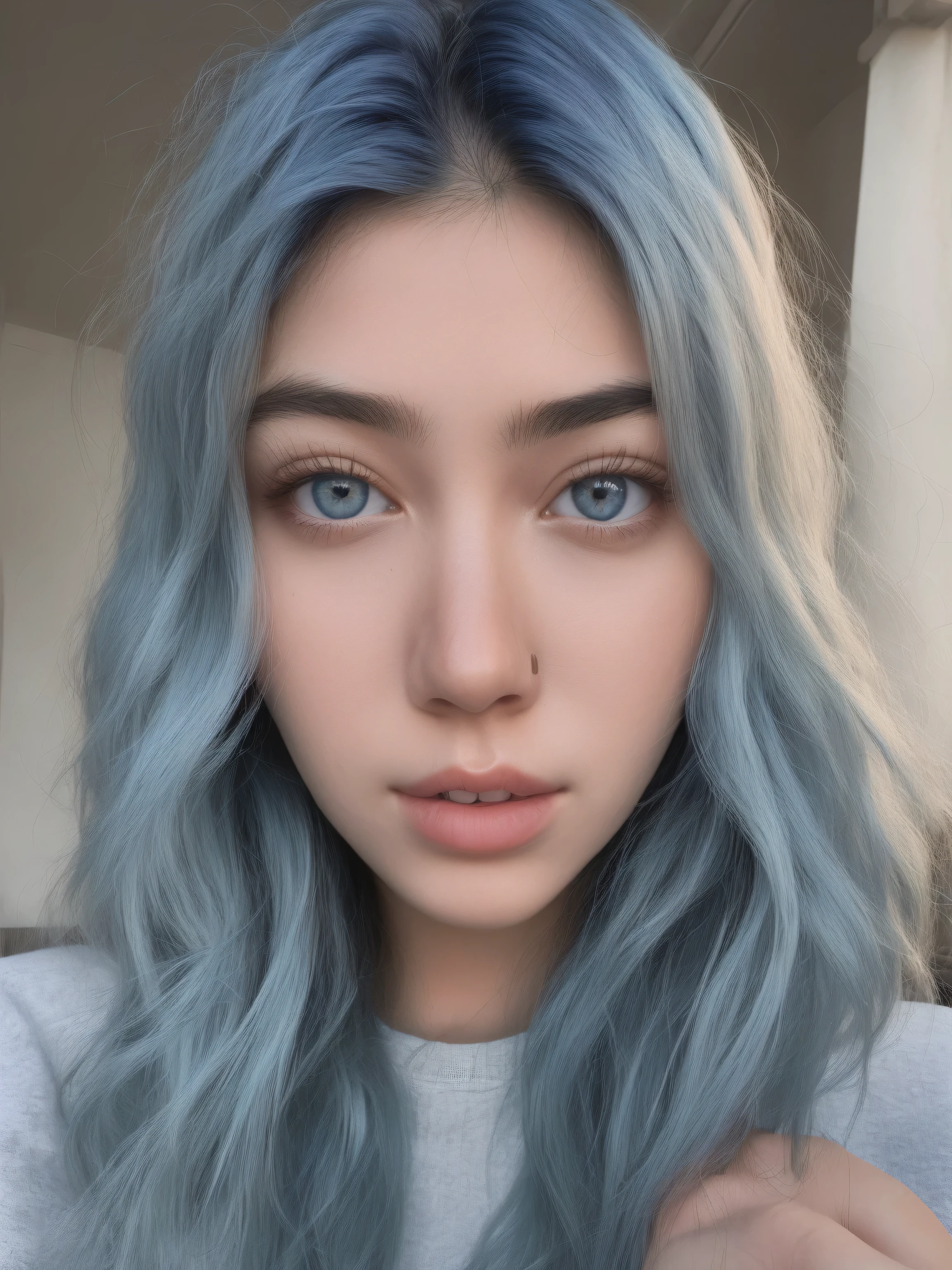 clear background is real, instagram, ultra realistic, photography, realistic, amazing quality, the girl looks straight into the camera, the girl has a cute face, blue hair, ultra textured skin, full face, sharp focus on the object, cheap clothes look like Bella Poarch, Lighting 1.4, perfect eyes, perfect girl for any man