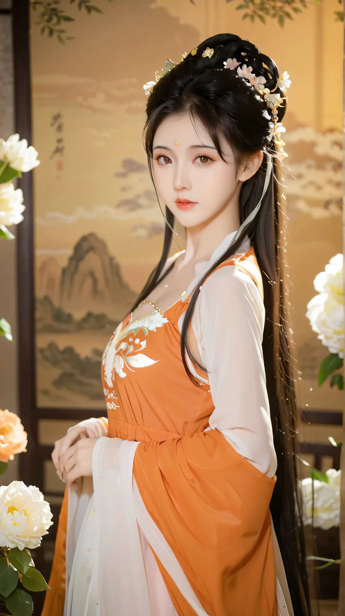 Wearing an orange dress、头发上有花朵的Anime Girl, very 美丽的Anime Girl, 美丽的Anime Girl,  beautiful fantasy anime , Gu Weiss, Anime Girl, 美丽的Anime Girl,  Very Beautiful Lovely Girl , Orange flowers,  background blur, Anime style 4K, Anime fantasy work , 4k anime wallpaper,  Guvez style artwork ，Dunhuang