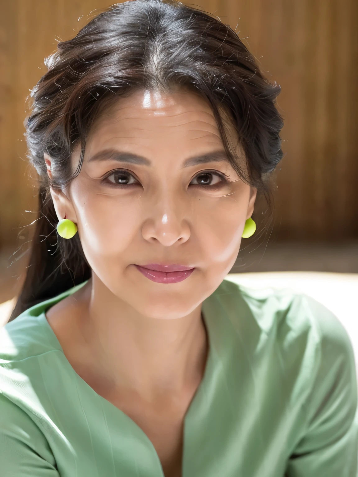((Top Quality)), ((8K)), ((Masterpiece: 1.3)), (Perfect Appearance), (Photorealism: 1.6), East Asian woman, (52 years old), married woman, ((Realistic skin texture 1.8)), (Fine wrinkles throughout the skin: 1.3), (Dull skin: 1.1), (Skin without moisture: 1.2) , (Wrinkles on the face: 0.9), (Wrinkles on the corners of the eyes: 1.2), Double eyelids, tear bags on the lower eyelids, (Crying moles: 0.9), The eyes are looking here, serious gaze, (Dimples: 1.2), has long hair tied up in a ponytail,
