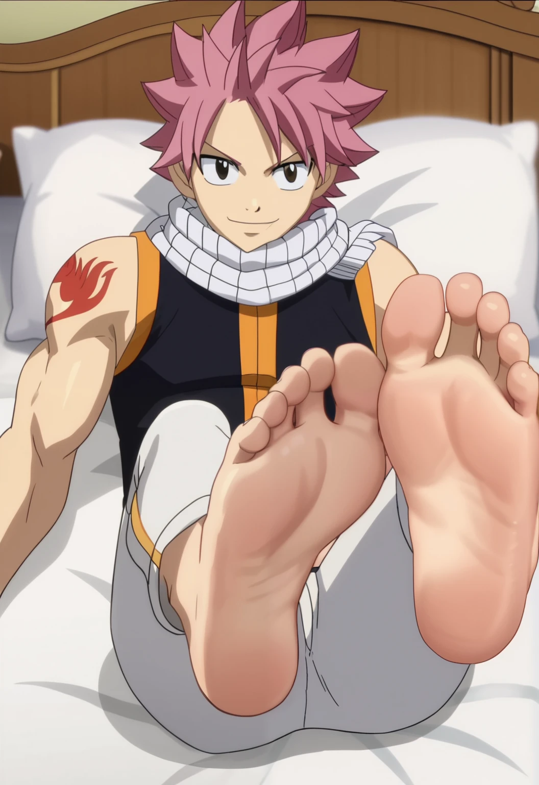 score_9, score_8_up, source_anime,
1boy, Natsu Dragneel, spiky pink hair, iconic white scarf around his neck, black vest with gold trim, white pants, muscular build, lying on the bed, in his bedroom, night, from above, lifting legs to show his soles, alone, looking at viewer, playful smile, confident gaze, cowboy shot, ANIME SCREENCAP, anime coloring, barefoot, perfect feet, anatomically correct, soles, focal length 35mm, each foot has five toes, front, symmetrical soles, foot focus,