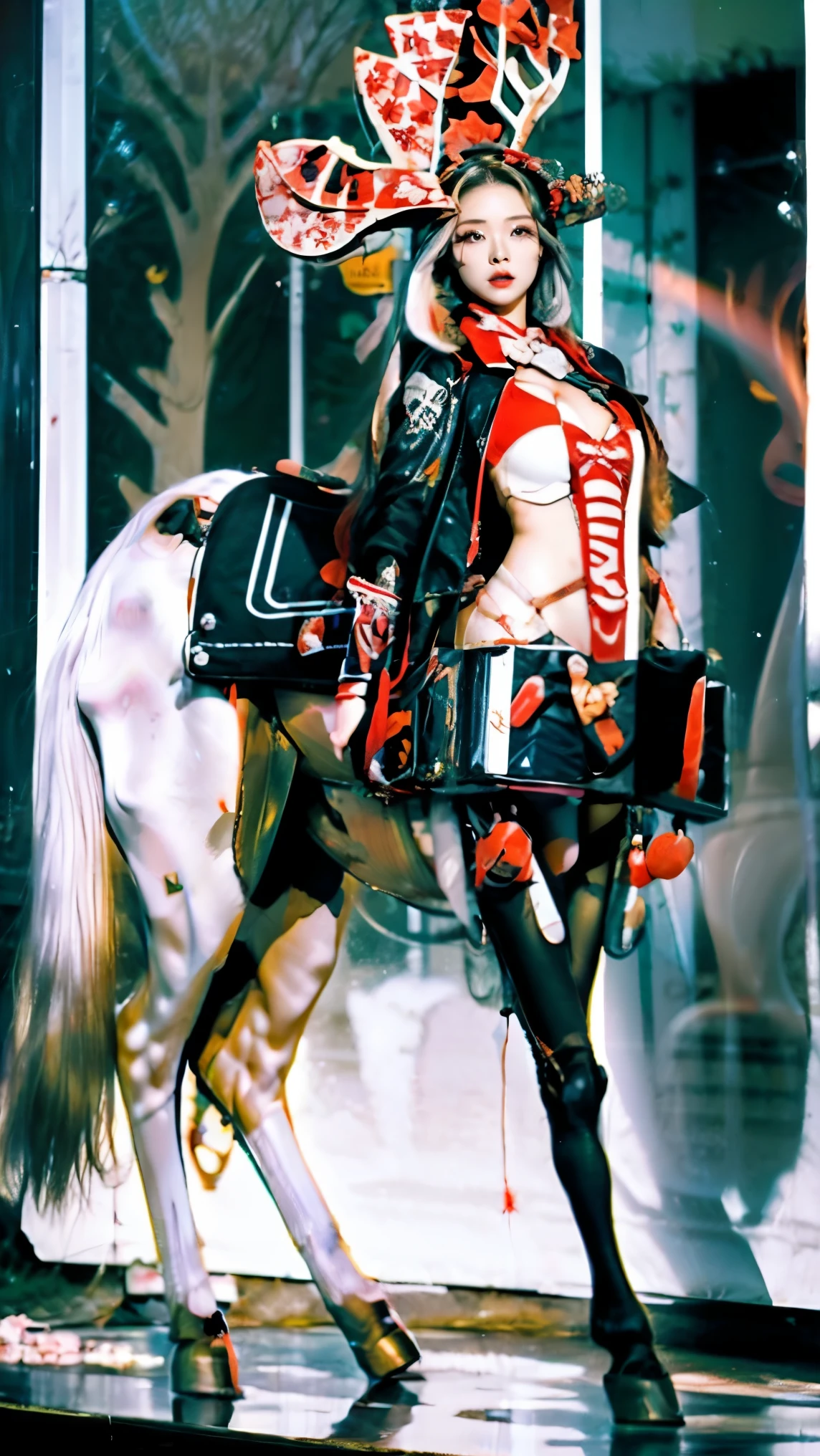 1woman, ((standing behind a moto GP)), standing with legs apart, high heels, (huge motor:1.1), (red motorcycle:1.3), (big wheels:1.1), (big moto:1.4), from behind, nipple slip,(realistic:1.5),photorealistic, octane render,hyperrealistic, wide hips,huge thighs,white legwear,(photorealistic face:1.2),collar,(small breasts:1.1),thick eyelashes,long eyelashes,(twin tails:1.1),(redhead:1.1),hair ribbon,arm straps,choker,(white lingerie:1.3),best quality, nsfw,cameltoe,streaked hair, half smile, (victory sign), (looking at viewer),sharp focus, (4k),(Masterpiece), (Best Quality), fantasy, extremely detailed, intricate, hyper detailed, (perfect face), illustration,soft lighting,(specular lighting:1.4),blue eyes,absurdly