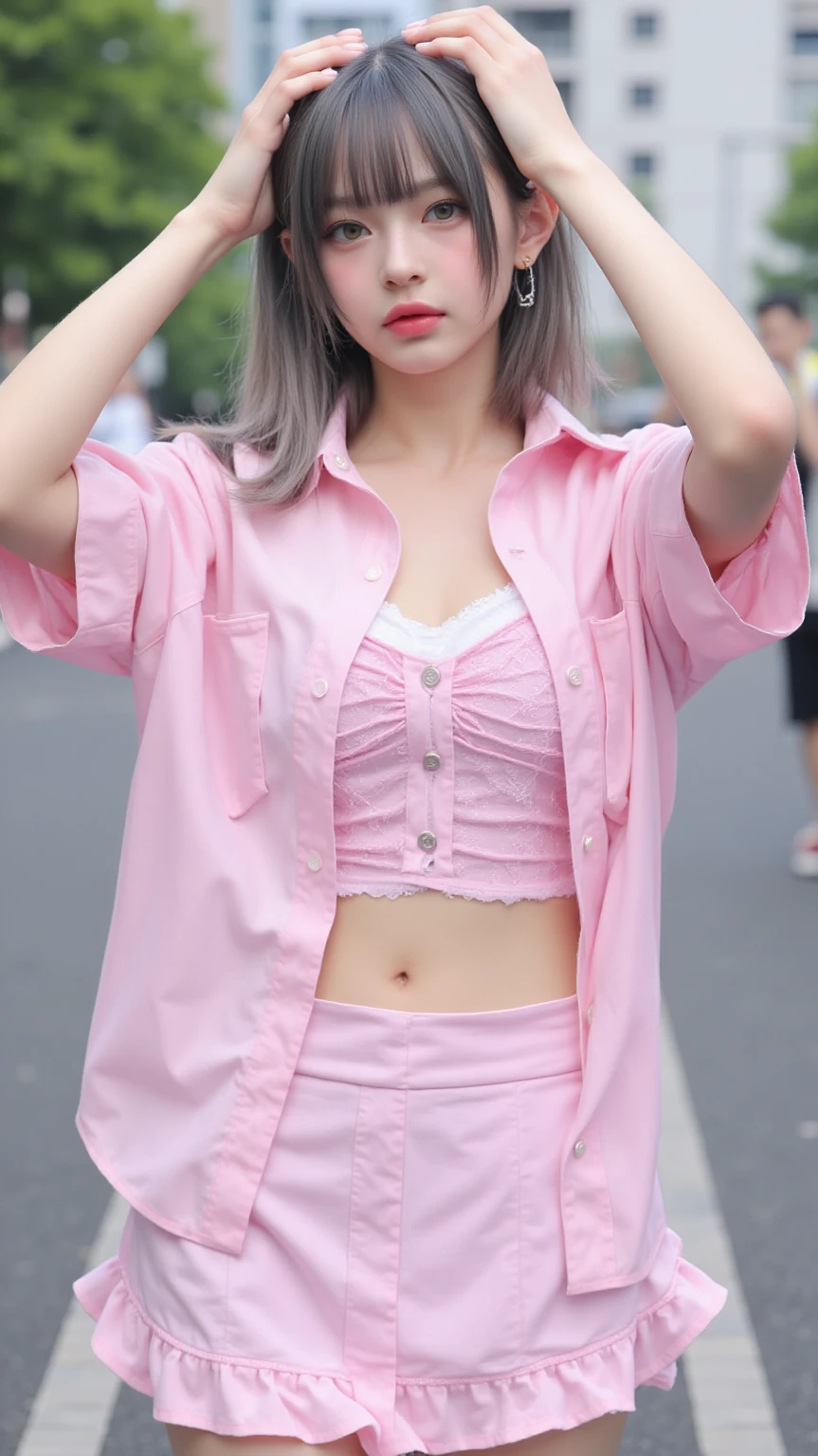 17-year-old schoolgirl, plump chest, pink transparent open-chest shirt that can show the chest, white miniskirt, panties can be seen, street in the background, heavy traffic, perfect body, delicate facial features, pink curly hair, transparent suspenders, open legs, feminine sexy pose, full body portrait, perfect hands