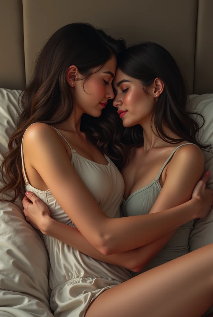 Two Indian lesbian woman naked, lying on bed, in bedroom, bottom half covered, cuddling tightly together sleeping in each other arms brown eyes, portrait sophie mudd, brown hair natural makeup, looking directly at the camera, stunning full body shot, sexy pose, cute girl, brunette goddess, high detail