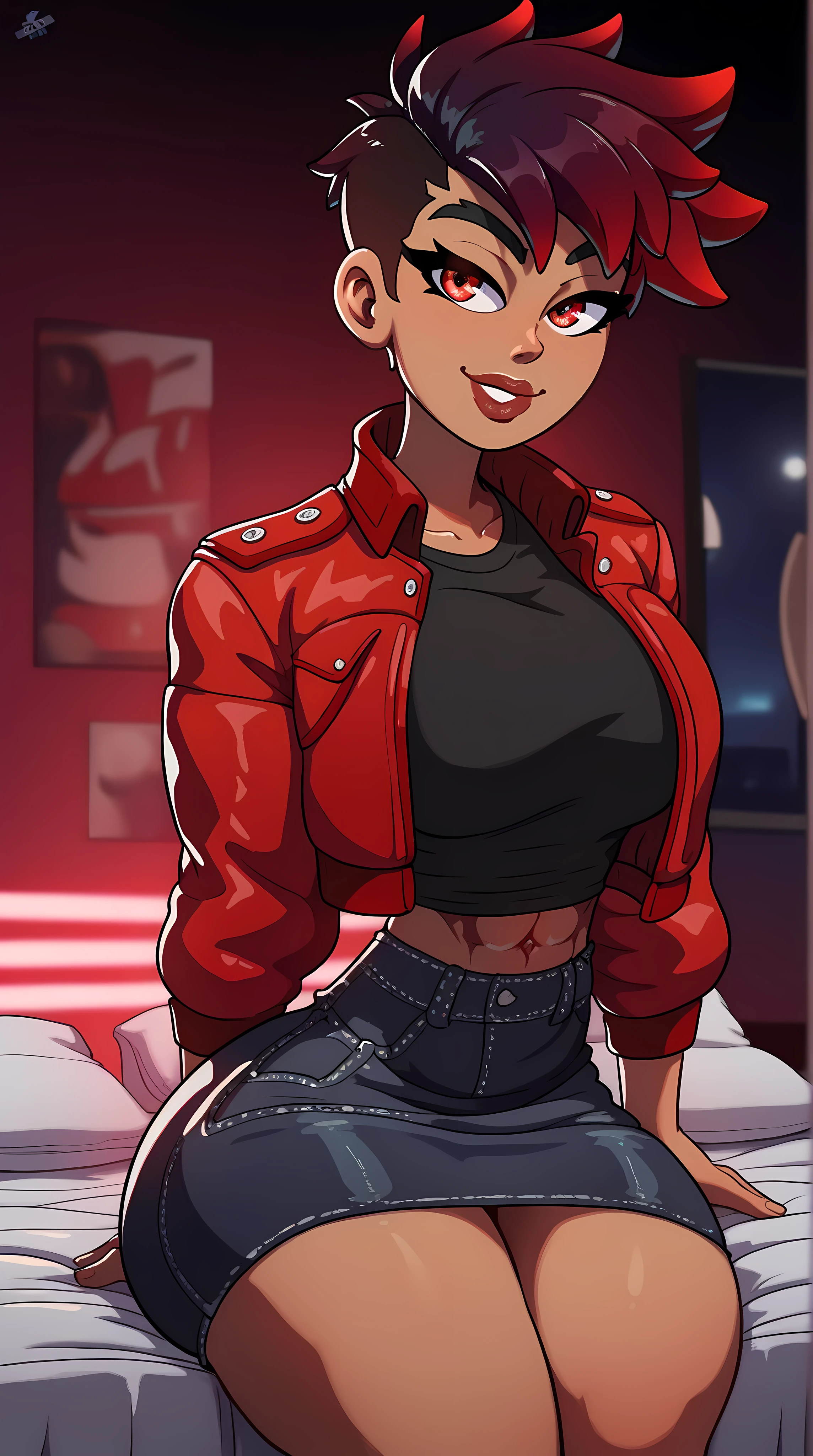 4K Quality, (black tomboy), (big smile), (black and red gradient hair), cute eyebrows, ((dark skinned)), ((black denim skirt, black shirt, and red jacket)), toned body, (thick thighs), big breasted, ((big ass)), (facing the viewer), (full lips), ((detailed red eyes)), (cowboy shot), (red neon bed room), night time city background, (sitting on the bed),