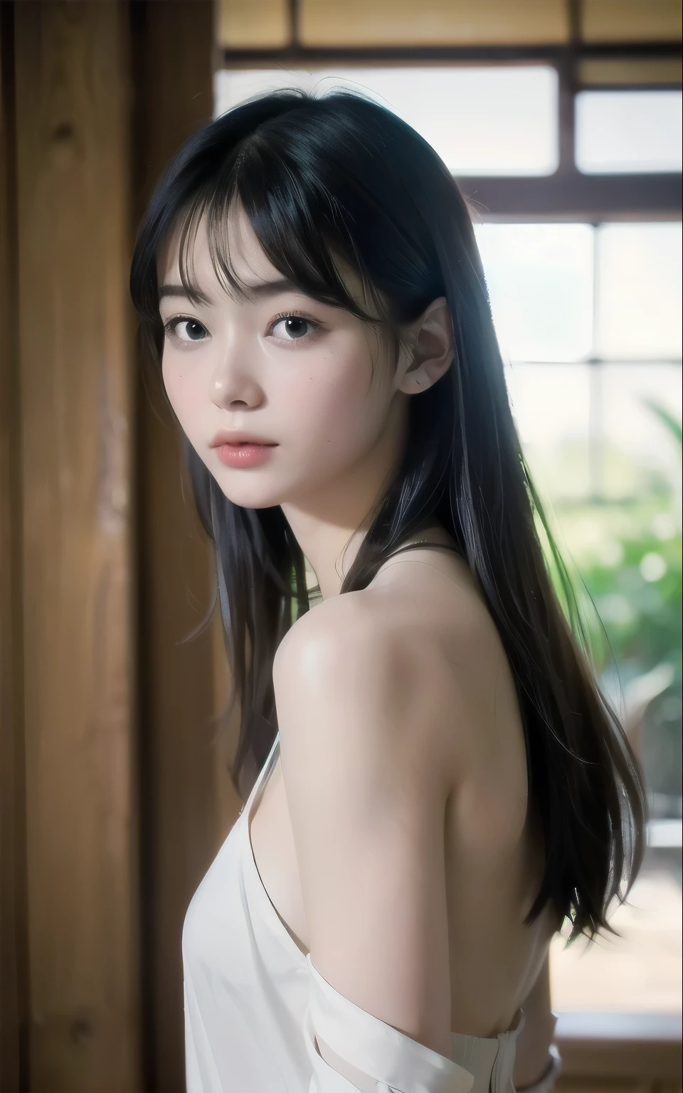 ((top-quality、masterpiece))、Raw photography、8K、top-quality、 超A high resolution、Beautiful face in every detail、Realistic human skin、Gentle expression、Farbe々From an angle、realisitic、Photorealsitic、((length hair))、((Beautie))、(Beautiful hair)、(Red cheeks)、((big eye))、22-year-old beauty、(Neat and clean woman)、Beautiful Japan Woman、With bangs、(Neat and clean girl)、Neat and clean beauty、(Straight hair)、((Smaller face))、long neck、pale skin、(Spot-free skin)、White Dress、a necklace、Perfect Body Beauty、Arch the back、sideboob barbosa、off shoulders、