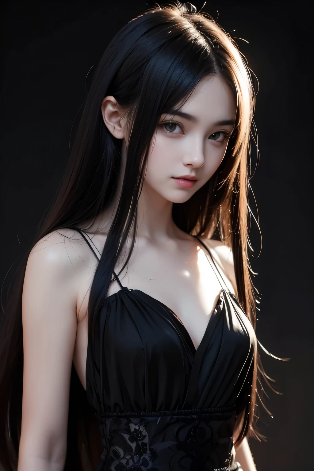  girl with pale skin and long s, Straight black hair. Big, Dark eyes , With an intense and enigmatic look. a smile、Wear Orphan Movie Clothing Styles, With a more elegant and sophisticated touch, Match her mysterious and intense personality. Overall, Her appearance is impressive, Attract curious and intriguing looks. flat-chest, Cinematic lighting, chromatic abberation, Backlighting, masutepiece, high details, High quality, 4K.