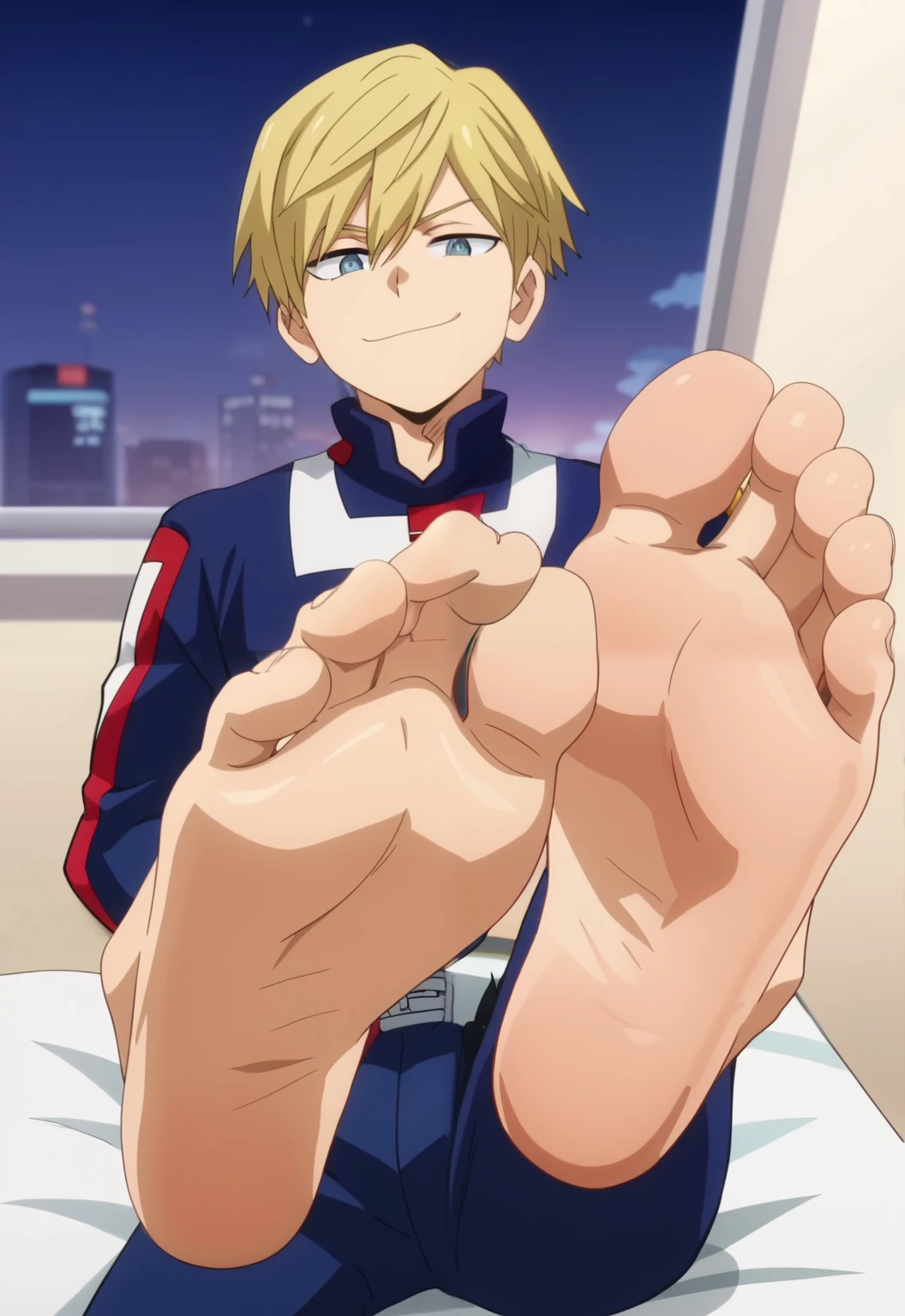 ((Masterpiece)), ((highest quality)), ((young male)), Monoma Neito from boku no hero academia, smiling, on a bed, showing the soles of his feet, perfect feet, feet focus