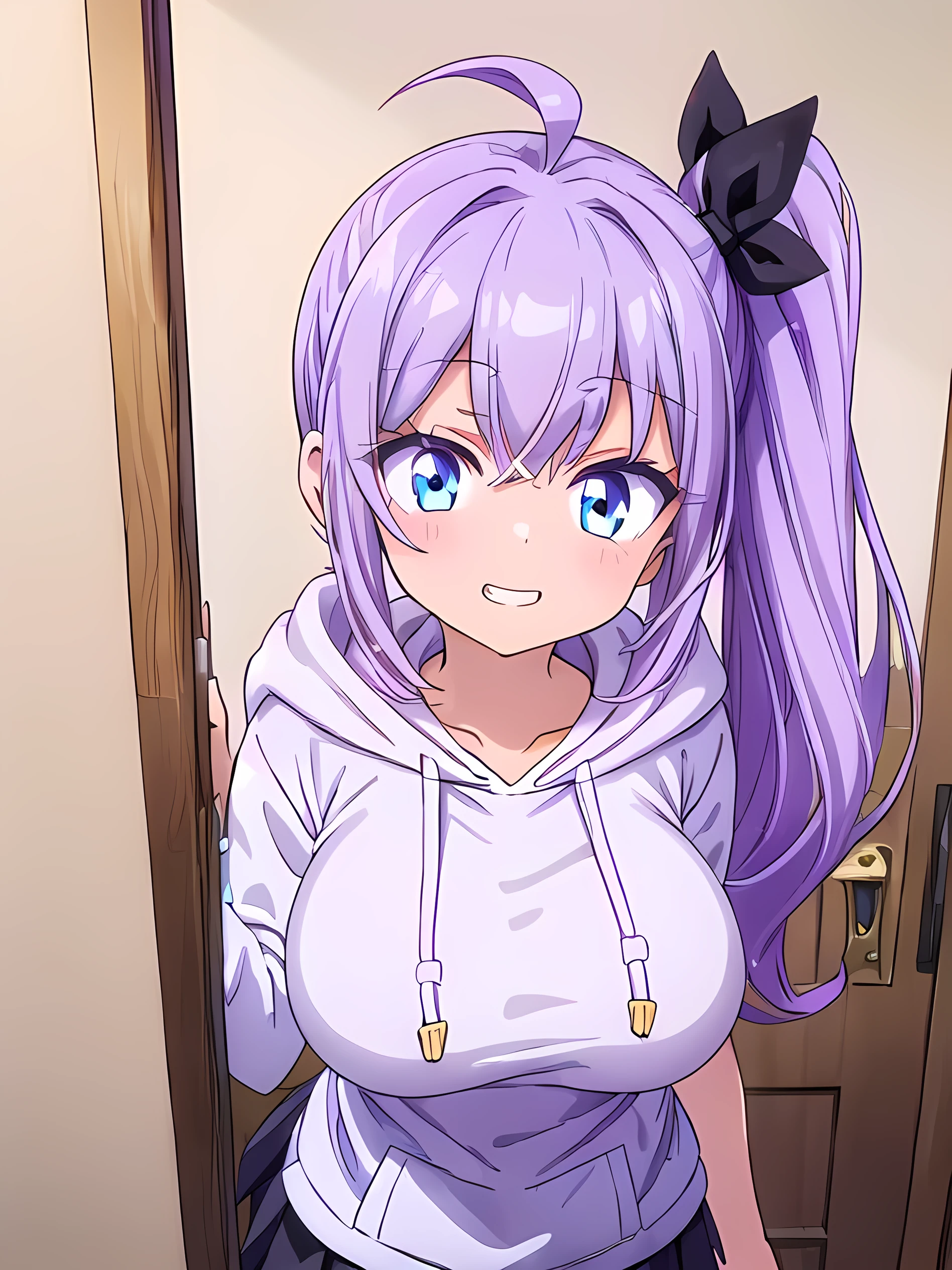 master-piece, bestquality, 1girls,16 years old, View viewers from front, HD, slight smile, big tits, cleavage, tights cloth, , tiny body, under tits cleavage, look down, stand up, Yaotome Urushi, twin braids, purple hair, brown eyes