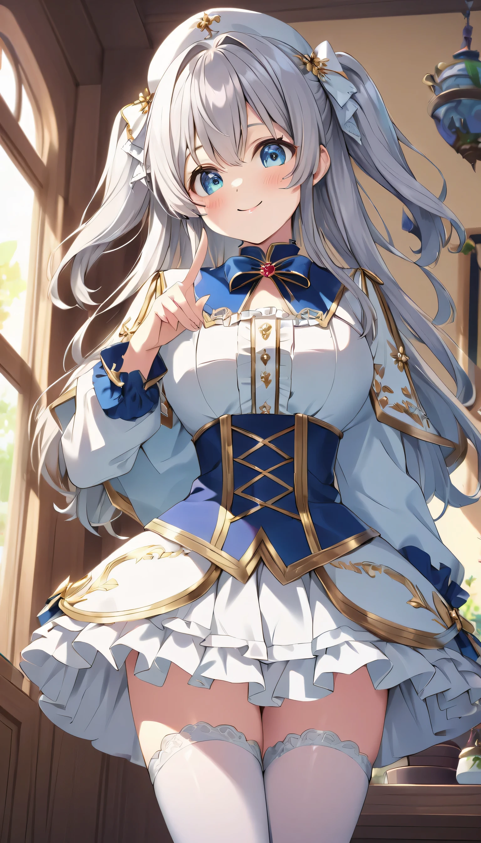 ((ultra-detailed)), (highly detailed CG illustration), (best quality:1.2), ultra-highly detailed, colorful composition, artistic photoshoot, 1girl, solo focus, ((thigh to top:1.4)), ((cowboy shot:1.4)), moe anime character, girl, dainty facial structure, (baby fand face), ((rounded chin:1.3)), ((ideal ratio body proportions)), celia-default, celia claire, (blue eyes), sparkle eyes, silver hair color, two side up, (white hair ribbon), ((white capelet with gold decorations and cyan lining:1.4)), ((long sleeves white frilled shirt:1.4)), ((white frilled impossible clothes:1.4)), ((white frilled chichi-bukuro:1.4)), (huge breasts), (white tight tube top corset dress with gold floral embroidery), ((white frilly skirt with gold floral embroidery:1.3)), (detailed lace:1.1), ((deep royal blue neck bow with ruby jewelry:1.4)), white pantyhose, (white beret), dynamic pose, high angle, expecting, pink cheek, blush, light pink gloss slip, standing by the window in a room decorated in rococo style, portrait, depth of field, soft lighting, sidelighting, (shine), lighting, caustics, ray tracing, smile, perfect face, lustrous skin, highly detailed face, highly detailed eyes, perfect face, perfect nose, perfect hair, perfect eyes, perfect anatomy, beautiful hair, beautiful small face, extremely detailed face, beautiful detailed eyes, beautiful clavicle, beautiful body, beautiful huge breasts, leavage, breasts squeezed together, equalize the size of the left and right breasts, beautiful thin thighs, beautiful legs, beautiful fingers, 4 fingers, 1 thumb, lovely, (very detailed background:1.0), (highly detailed background:1.0), spring aesthetic, intricate details, joyful atmosphere, spring colors palette, chromatic aberration