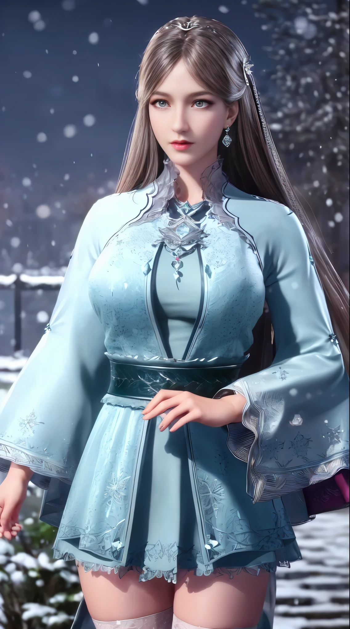 Ultra-realistic 8k CG, Flawless, Clean, masterpiece, Professional artwork, Famous Artworks, Cinema Lighting, Bloom, Perfect face, Pretty Face, fantasy, Like a dream, illusory, Science fiction,   Lace, Lace trim, Lace-trimmed legwear, luxury, jewelry, diamond, Kaneko, pearl, gem, 蓝gem, 红gem, emerald, Intricate details, Beautiful Pattern, charming, Tempting, Tempting, , enchanting, Hair accessories, neckLace, earrings, bracelet, armband,Halo,autumn,
((,1 girl, leave,best quality, ))  , ((((1 girl, Solitary,outdoor, Large Breasts,,snowflakes,  snow, snowing,  Plum Botham,  ))))
