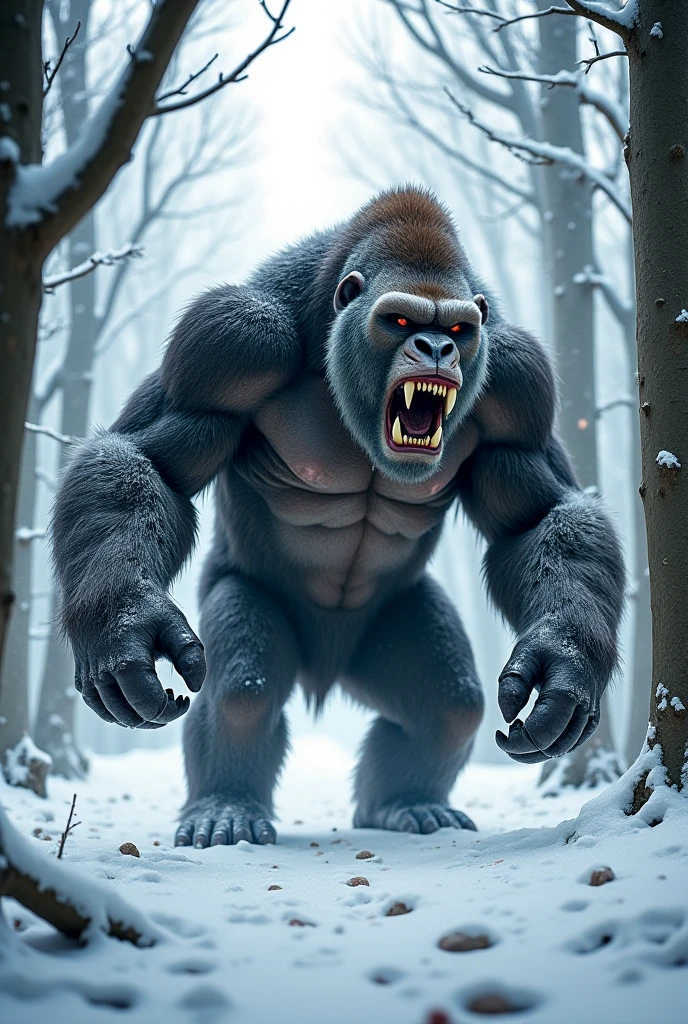 A gorilla with sabertooth face and sabertooth body pertain (Fury) in snow forest 