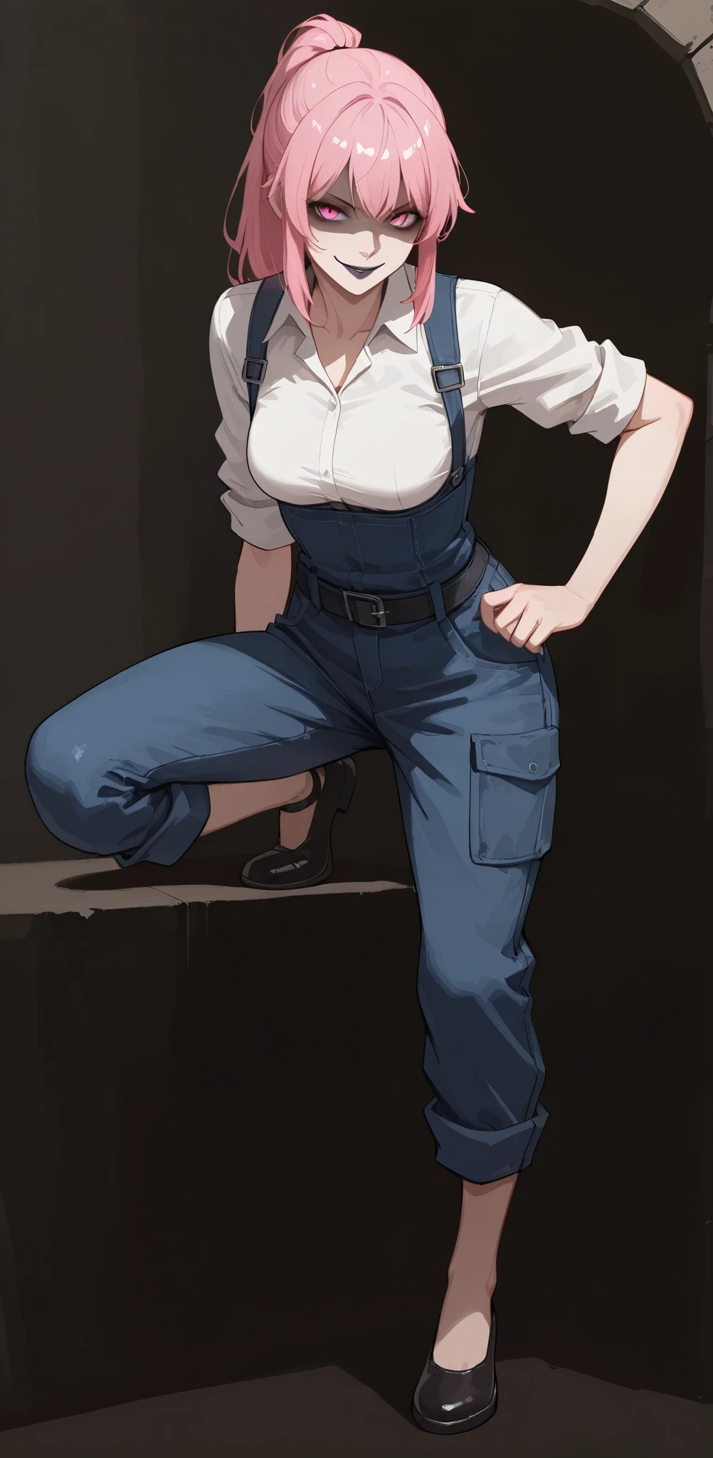 masterpiece, Best quality, ((watercolor), 1 girl, medium breasts, Single, long hair, pink hair, ponytail , beautiful eyes, pink eyes, The mechanic girl, looks at the viewer, waist, slight smile ,dinți, dark lipstick,((Raise one knee, evil smile))