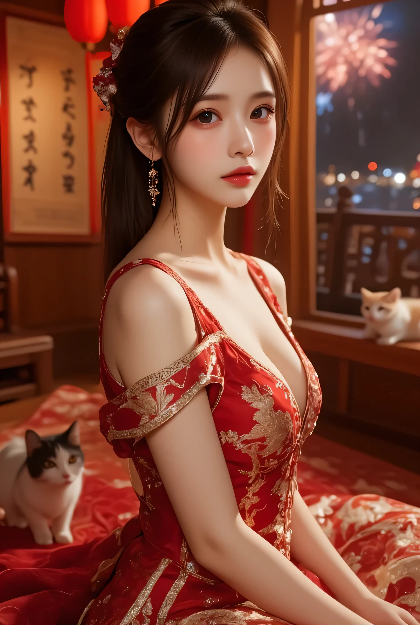 Cat ears、 face up, attractive, pretty girl, ponytail、 (( fine facial features , eroticism)), dramatic lighting , realistic , 8k, Dramatic Shadows , intricate and elaborate patterns , super detailed photo , chiaroscuro lighting , Pleasant colors , deep contrast , super real 、 pink lipstick、 warm room、Vintage Fireplace 、 cinematic composition、Close-up of face, pretty half part transparent open shoulder loose outfits dress, tang style, A beautiful Korean idol wearing a one piece red- black tightly cheongsam with phoenix and intricate floral golden embroidery, golden and silver outline on dress, standing gracefully in a room filled with traditional Chinese New Year decorations. The room features vibrant red lanterns, decorative calligraphy scrolls, a small Chinese orange tree with golden ornaments, and several red envelopes scattered across the floor and hanging from the tree. Adorable, playful cats are part of the scene—some sitting near the tree, others curiously pawing at the red envelopes or lounging around. Through a window or an open door in the background, vibrant Chinese fireworks light up the night sky in an array of reds, golds, and blues, casting a magical glow into the room. The idol’s outfit is paired with subtle accessories like red hairpins or earrings, complementing the festive look. The atmosphere is warm and lively, filled with the joyful essence of the celebration, enhanced by the shimmering lights of the fireworks and the lively decor.