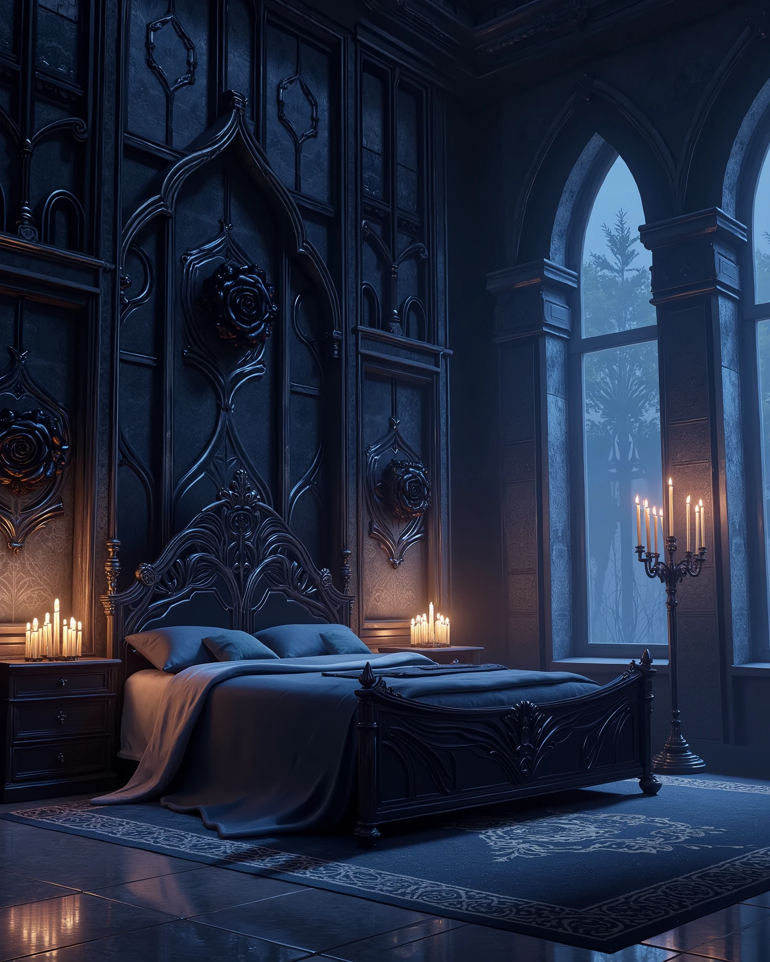 high definition, Accuracy, High detail, medieval castle спальня , aura dark blue , fantasy bedroom , without people, roses black decorated walls, candles, realism