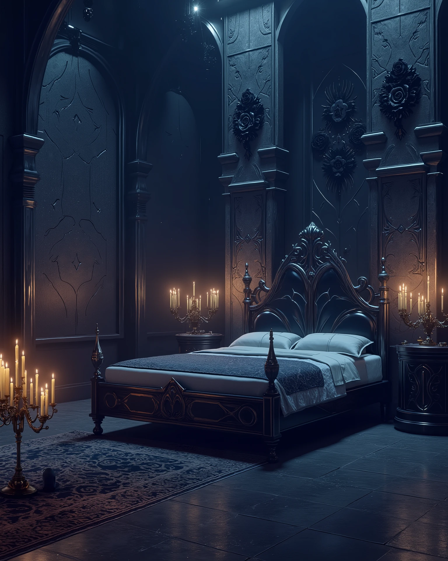 high definition, Accuracy, High detail, medieval castle спальня , aura dark blue , fantasy bedroom , without people, roses black decorated walls, candles, realism