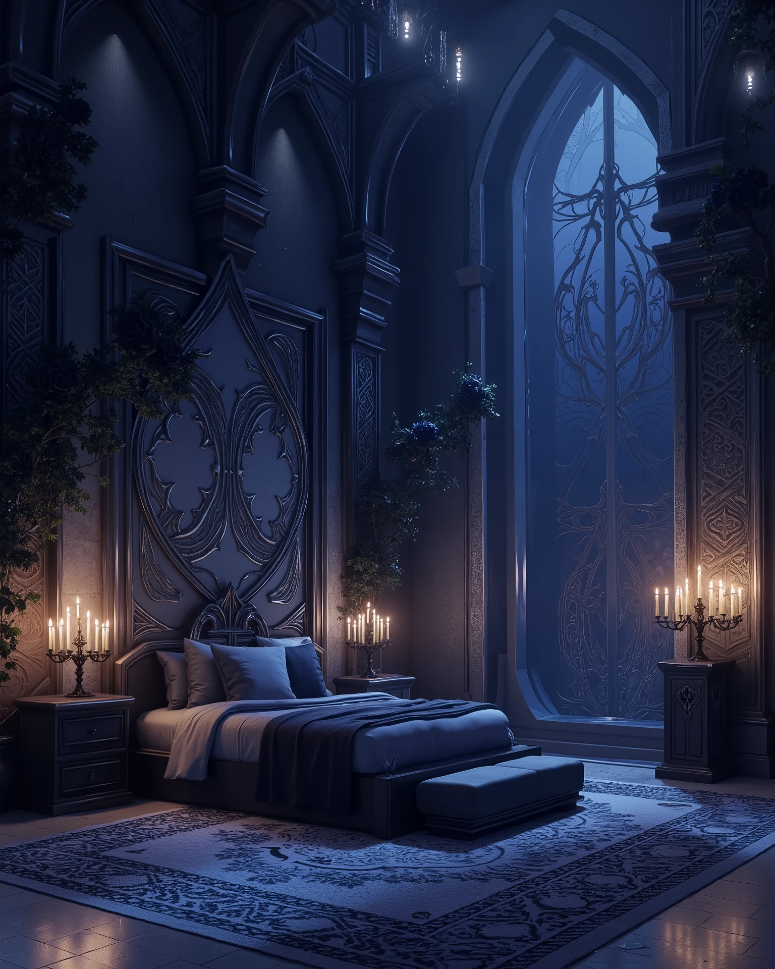 high definition, Accuracy, High detail, medieval castle спальня , aura dark blue , fantasy bedroom , without people, roses black decorated walls, candles, realism