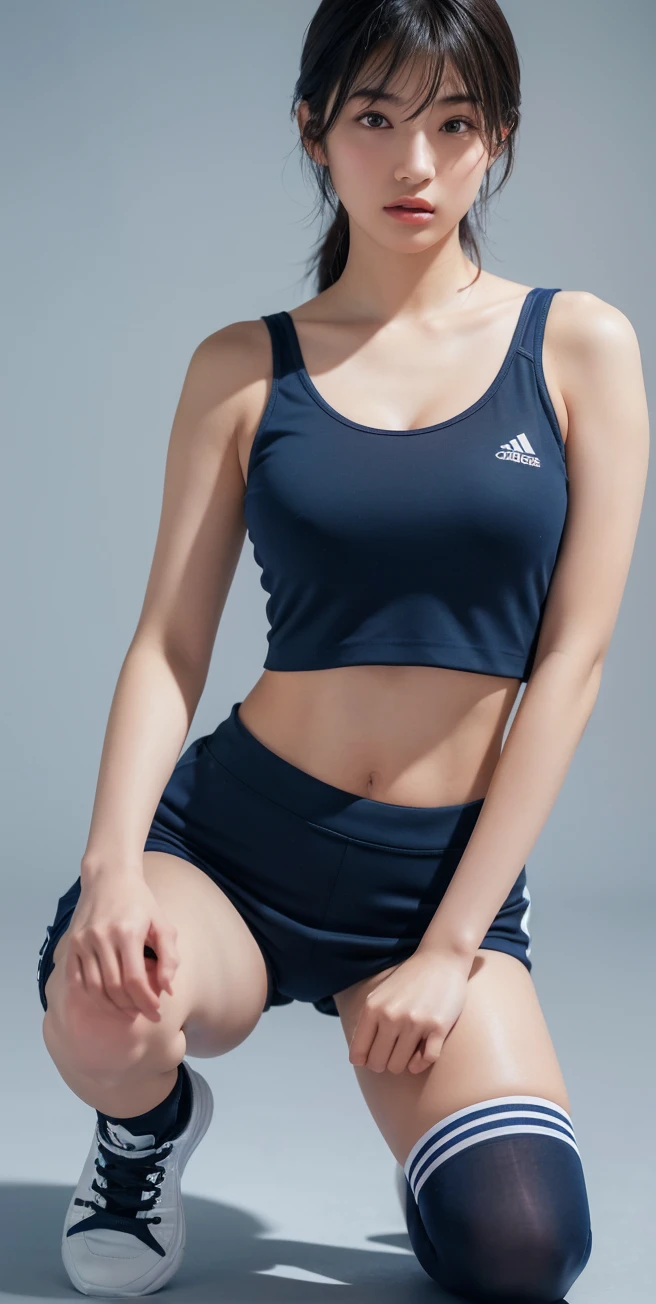 masterpiece,High quality picture quality,Sports Girl,track and field athlete,track vest,Gray blue sports shorts,She exposes her navel,skin shiny,sweat,running posture,Oncoming。