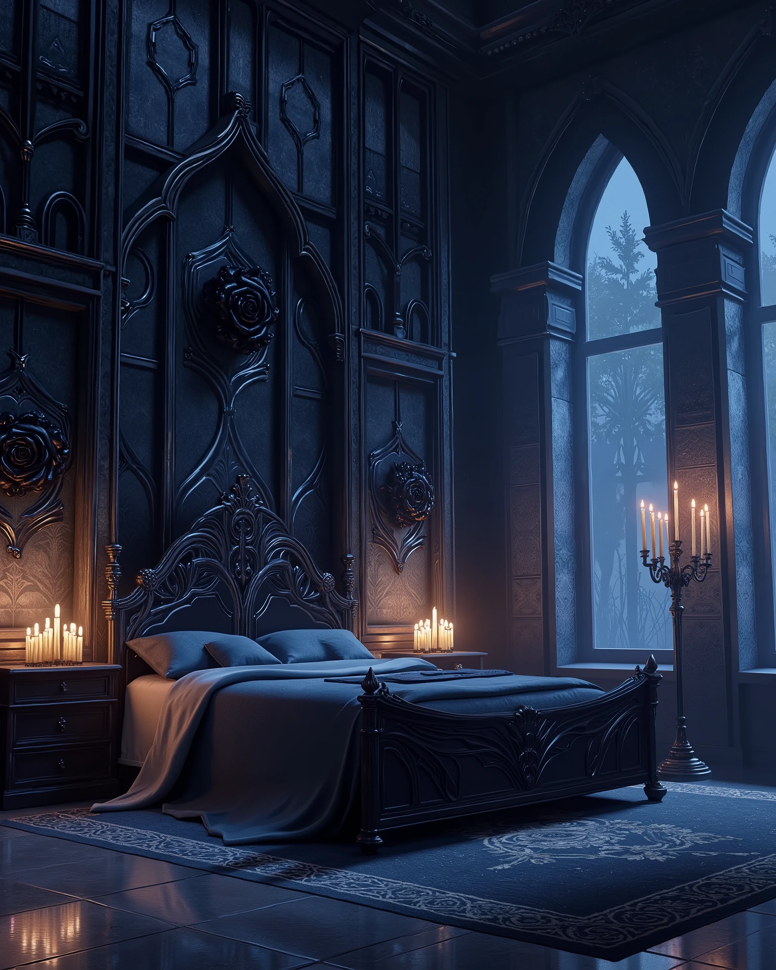 high definition, Accuracy, High detail, medieval castle спальня , aura dark blue , fantasy bedroom , without people, roses black decorated walls, candles, realism