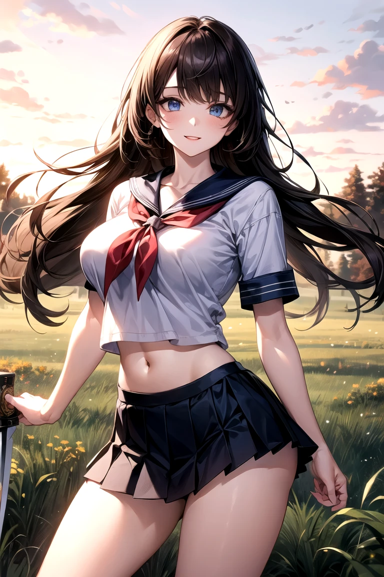 very cute and beautiful girl,(highly detailed beautiful face and eyes:1.2),
smile,blush,sailor school uniform,navy blue pleated mini skirt,
(looking back,from behind),leaning forward,from below,white panties,
countryside,wooden fence,hilltop,grassland,detailed landscape,
black hair,looking at viewer,
(best quality,masterpiece:1.2),absurdres,highres,ultra-detailed,extremely detailed,32k,8k resolution,
intricate details,cinematic scene,detailed background,solo,dynamic angle,
hair fluttering in the wind,beautiful detailed sky,