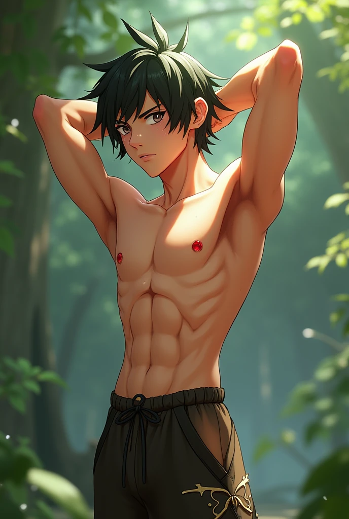 Masterpiece, Best quality at best, 1boy,boy, sasuke, little breast,armpit, (showing armpit:1.3), shirtless, upperbody,full of sweat, is shy,smile,light blue eyes, Black hair,(Wet: 1.4), naked, Cowboy shot, Looking up, Looking at the viewer, from above, from the front, water, playing in the river, river, forest, sunlight, summer