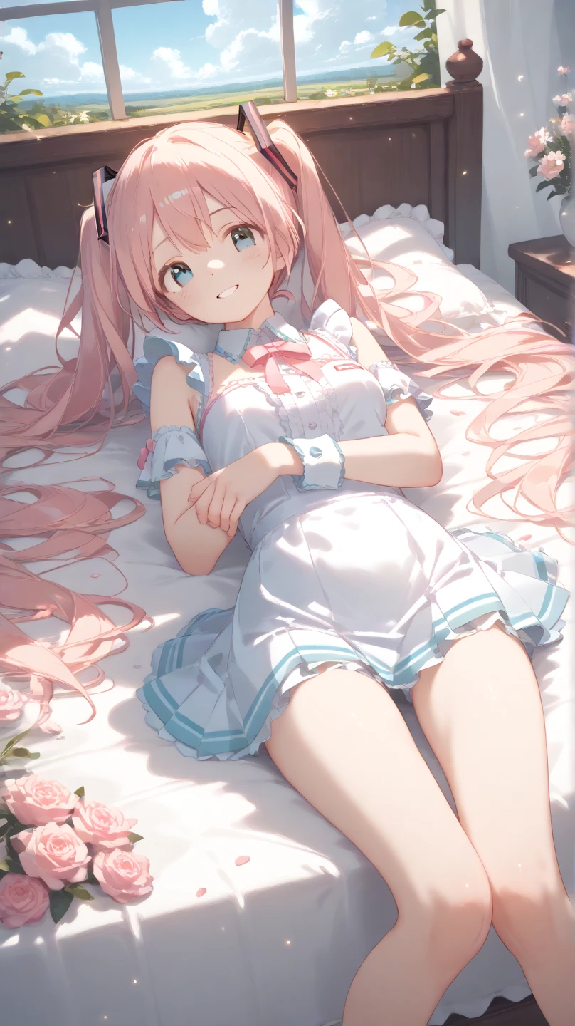 Hatsune Miku lying in bed,A pink-haired,Sunlight came in through the window,Cover one eye with your hand
