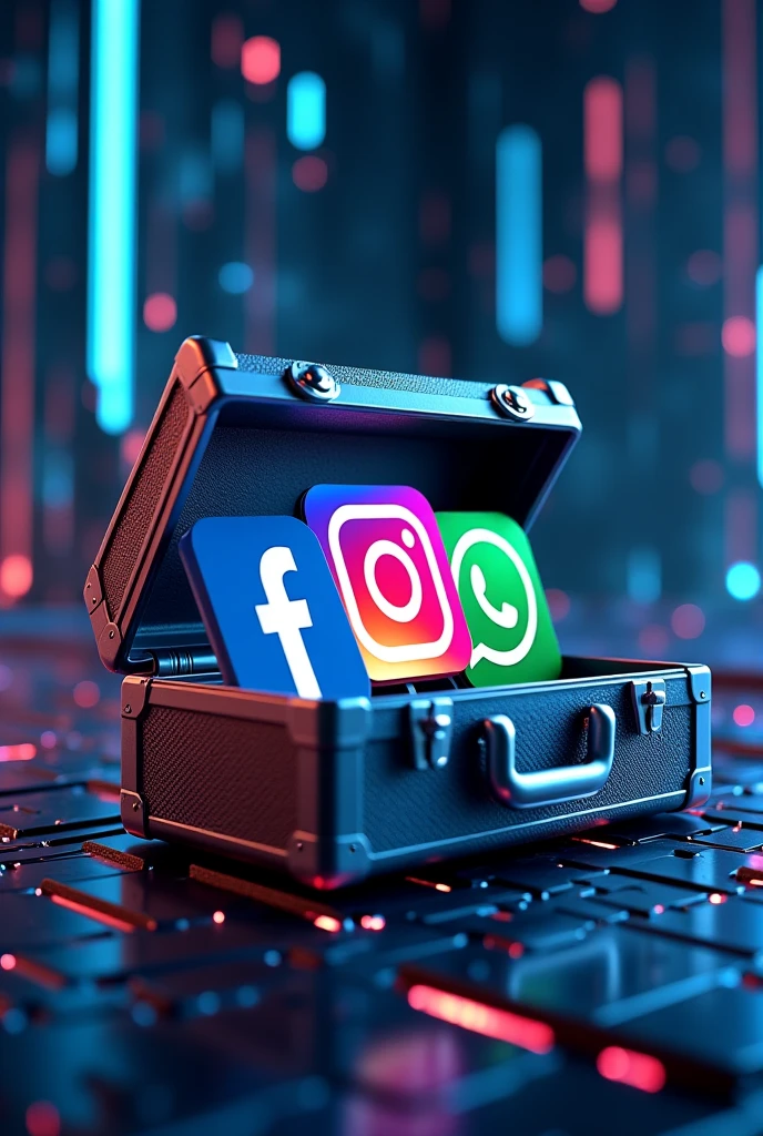 LOGO OF AN OPEN TOOLBOX WITH INCONI FROM FACEBOOK INSTAGRAM AND WHATSAPP WITH A CYBER BACKGROUND IN 8K