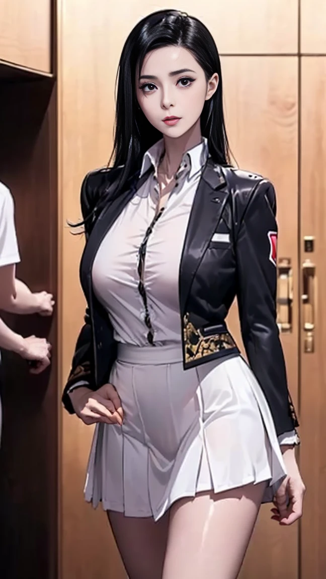 ((best quality)), ((On the table)), (detailed), (emphasize), perfect face Young girl's face detail showing cleavage、Red eyes and long, Thick, smooth, pretty black hair,Bangs、Monochrome background、Wear it standing with a blazer and miniskirt、