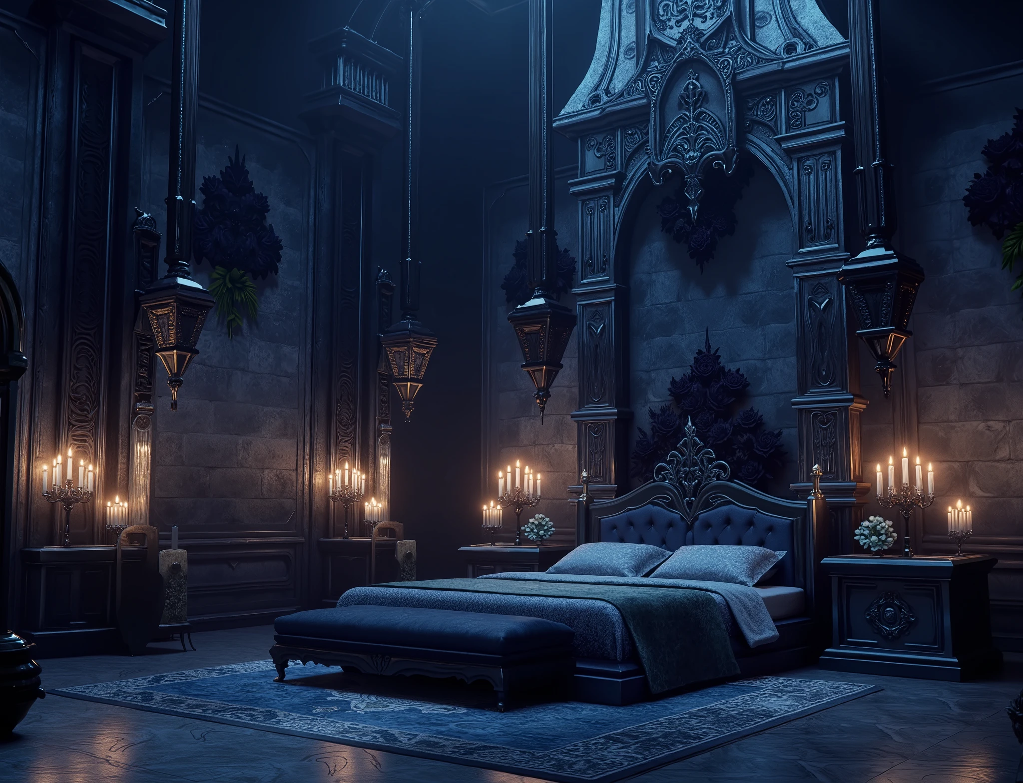 high definition, Accuracy, High detail, medieval castle спальня , aura dark blue , fantasy bedroom , without people, roses black decorated walls, candles, realism