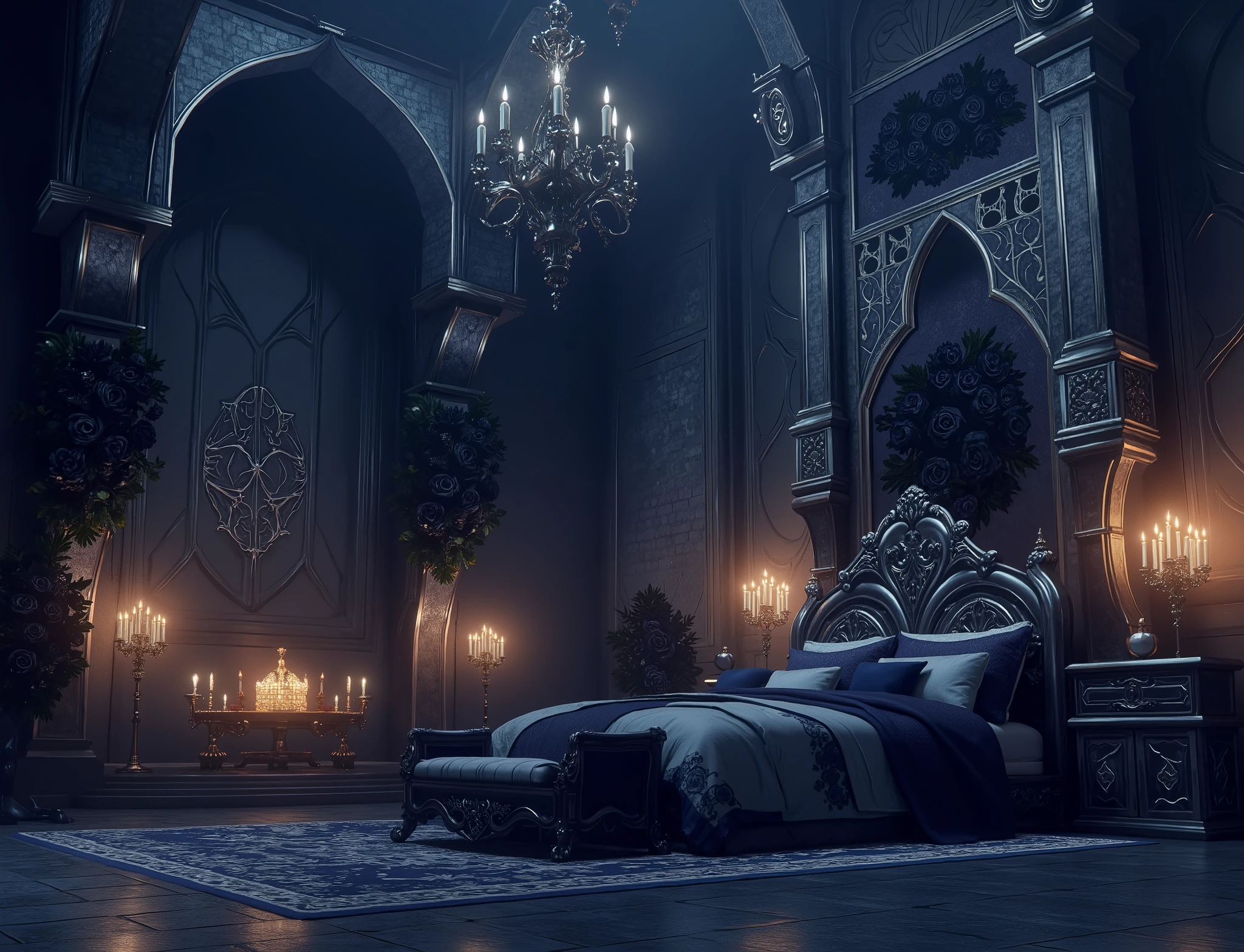 high definition, Accuracy, High detail, medieval castle спальня , aura dark blue , fantasy bedroom , without people, roses black decorated walls, candles, realism